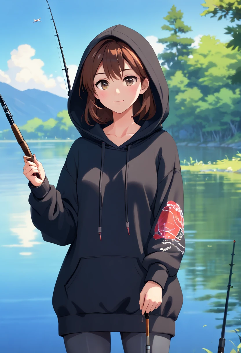 ((((Woman holding a fishing rod with a reel by the lake:1.5)))),((1 female 22 years old))((Best Quality, masutepiece :1.5)),(((Hands with the correct number and structure of fingers:1.6))),hight resolution,ultra-detailliert,masterpiece,best qualtiy,,brown haired, long eyeslashes, Drunken eyes, Smiling Woman, drop shadow, Atmospheric perspective,Super Detail, ccurate, small brest,(Black hoodie :1.5),top-quality, blurry backround, bokeh dof:1.2, (masterpiece:1.3), Atmospheric perspective,Super Detail,dynamic compositions,shot in Canon、Shooting at dusk