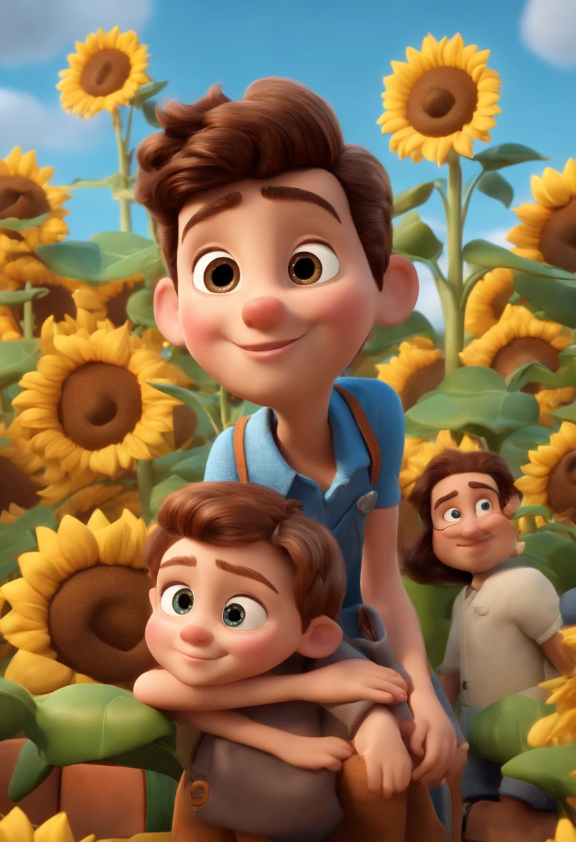 Create a Disney PIXAR-style 3D poster. ((centro da imagem, Pai, mami, brother and sister)), ((2 adults and 2 children)) ((1 homem, 1 mulher 1 menino e 1 menina ao lado, They're hugging each other, O menino tem pele castanha e cabelos castanhos encaracolados escuros e olhos castanhos escuros, 1 menina tem pele castanha, olhos e cabelos escuros e cacheados, olhos escuros e cabelos escuros e lisos)) ((tudo isso no estilo Disney PIXAR 3D, In the background, A house of sunflowers, Gloria Studio, The garden is full of nature 3D render RTX clay material, estilo de design cartunesco, POP Mart, soft lighting, linhas suaves, Spring tilt, Detailed illustrations of PIXAR 3D, Detalhes hiper-realistas, cor quente no estilo Disney PIXAR 3D))