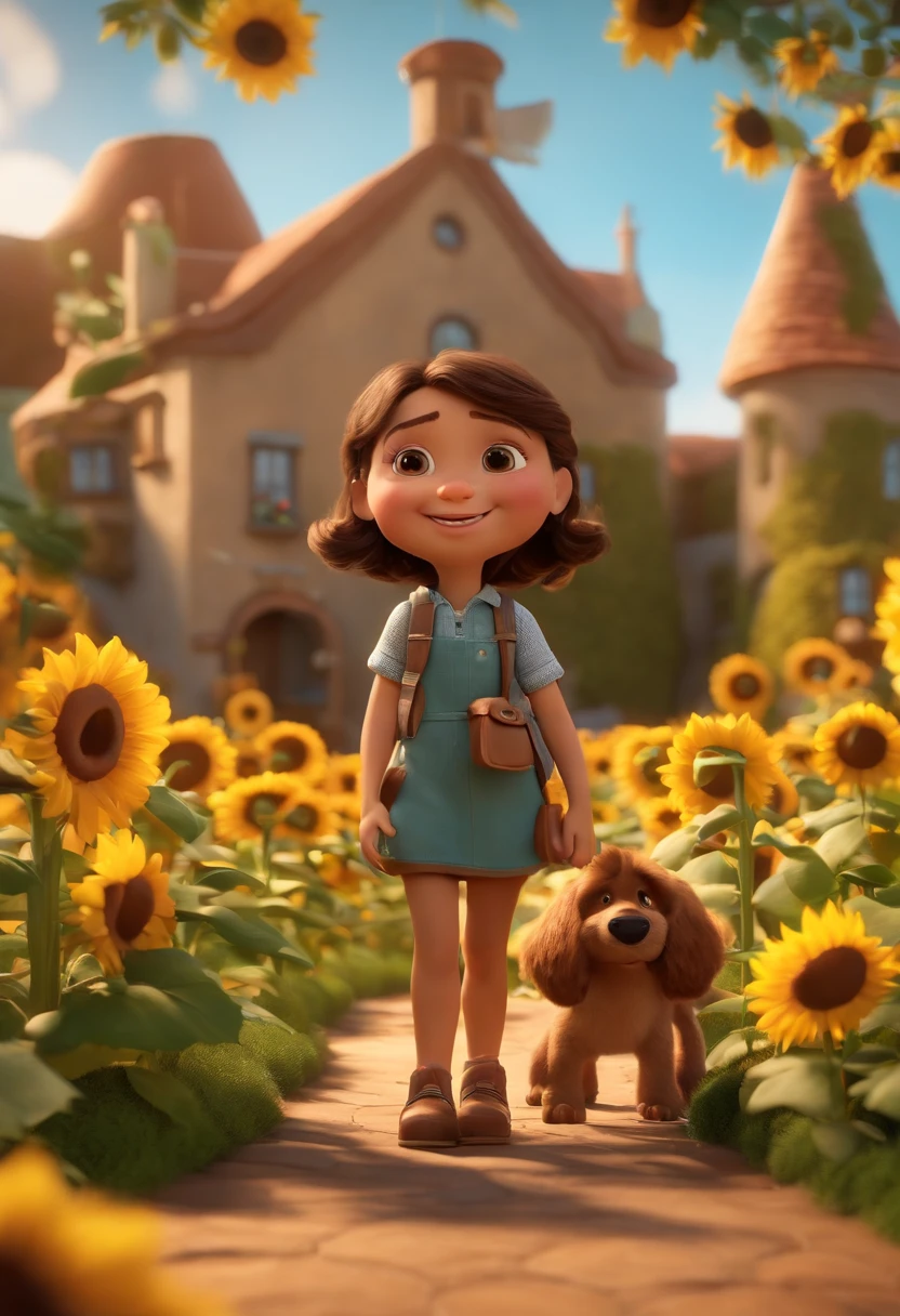 Create a Disney PIXAR-style 3D poster. ((centro da imagem, Pai, mami, brother and sister)), ((2 adults and 2 children)) ((1 homem, 1 mulher 1 e 1 meninado, They're hugging each other, O menino tem pstanha e cabelos castanhos encaracolados escuros e olhos castanhos escuros, 1 menina tem pele ca, olhos e cabelos escuros e cacheados, olhos escuros e cabelos escuros e lisos)) ((tudo isso no estilo Disney PIXAR 3D, In the background, A house of sunflowers, Gloria Studio, The garden is full of nature 3D render RTX clay material, estilo de design cartunesco, POP Mart, soft lighting, linhas suaves, Spring tilt, Detailed illustrations of PIXAR 3D, Detalhes hiper-realistas, cor quente no estilo Disney PIXAR 3D))