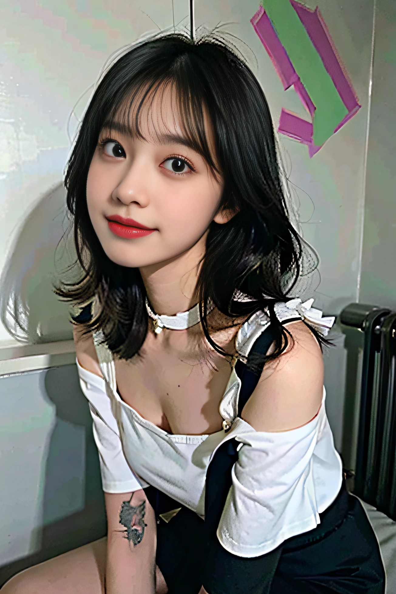 best qualtiy,super high quality,1girll,Off-shoulder white shirt,Black tight skirt,Black collar,(Faded gray hair, shallow cleavage breasts,looking at viewer,closeup tiny cleavage,8K,a ,Sweet smile, high school girl