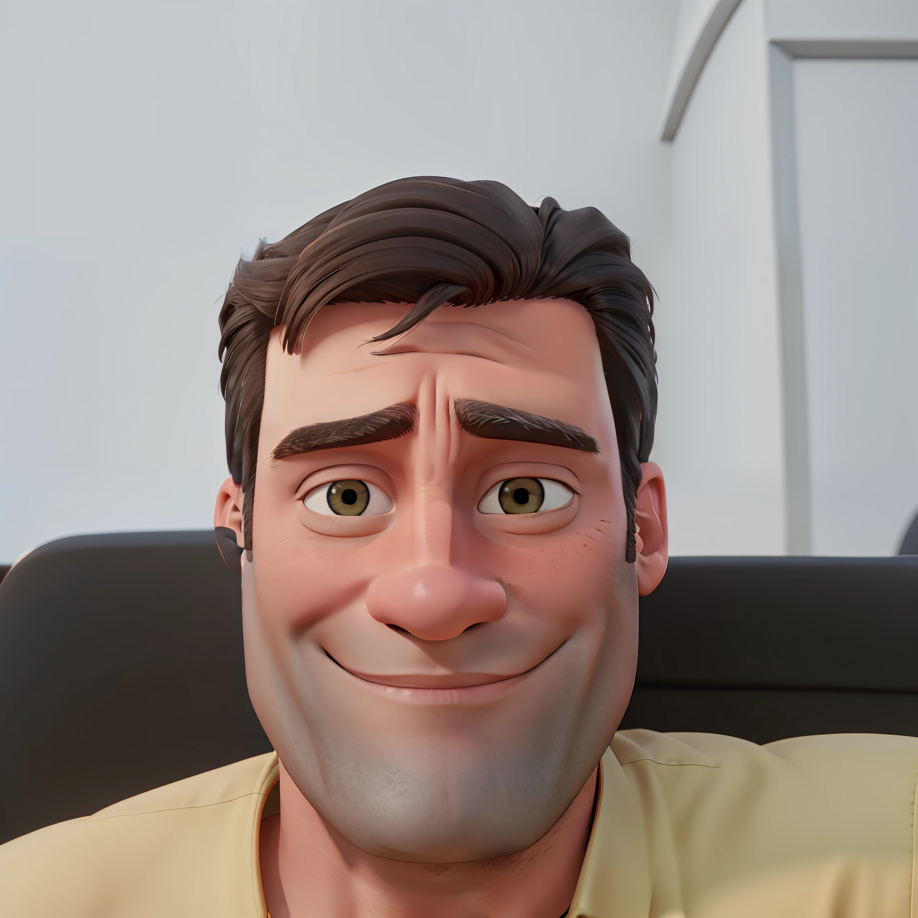 Jon Hamm, Cartoons in orange shirt and black pants, arms crossed, olhando para frente e sorrindo com os dentes aparecendo;
