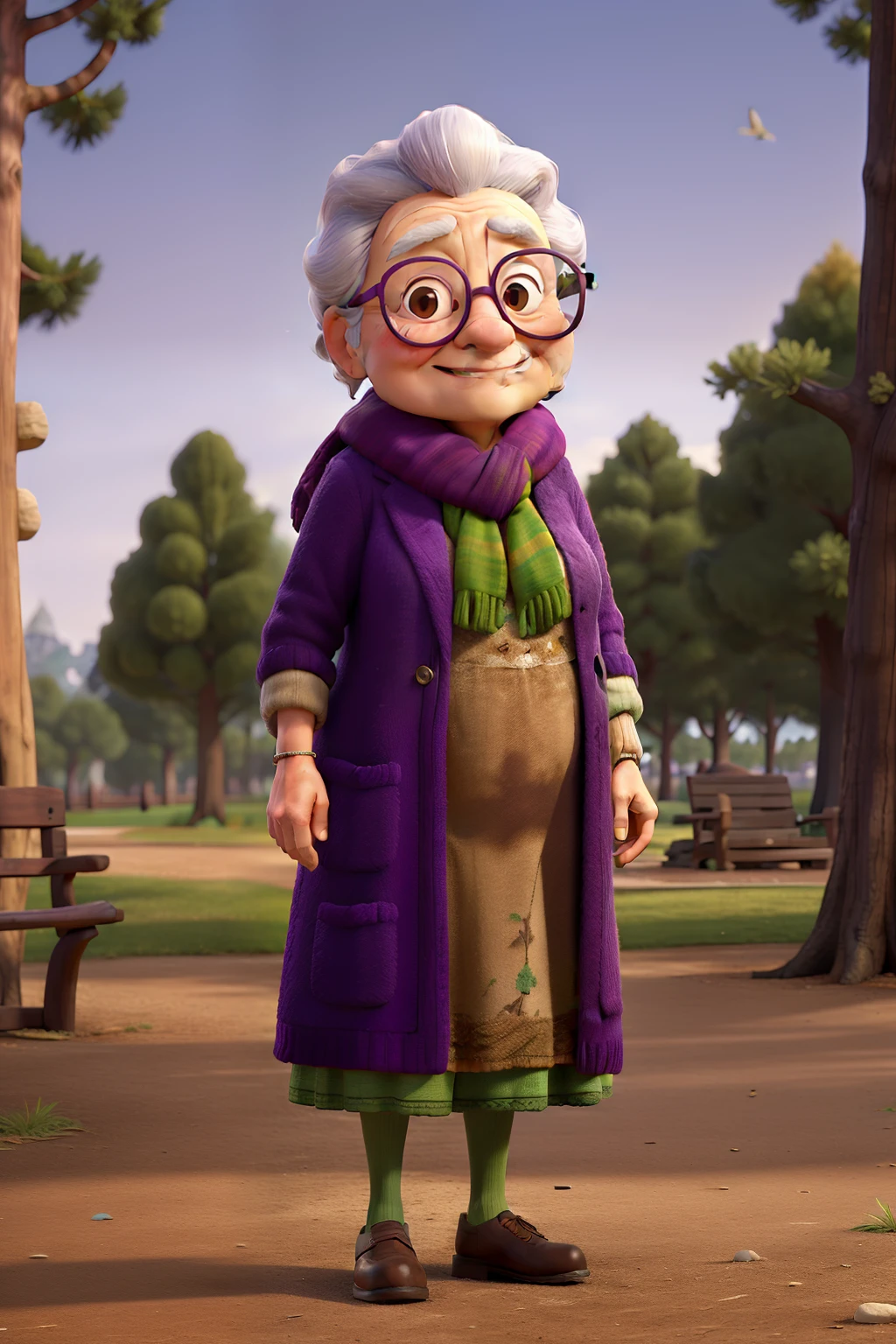 masterpiece, best quality, an old woman with glasses and a scarf on, wearing a purple coat and green scarf, standing at the park