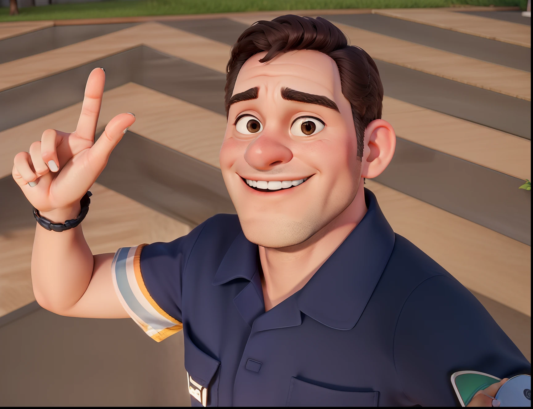 Rapaz vestindo a farda de uma empresa, sorrind o, Taking Selfie and Making Hand Gesture