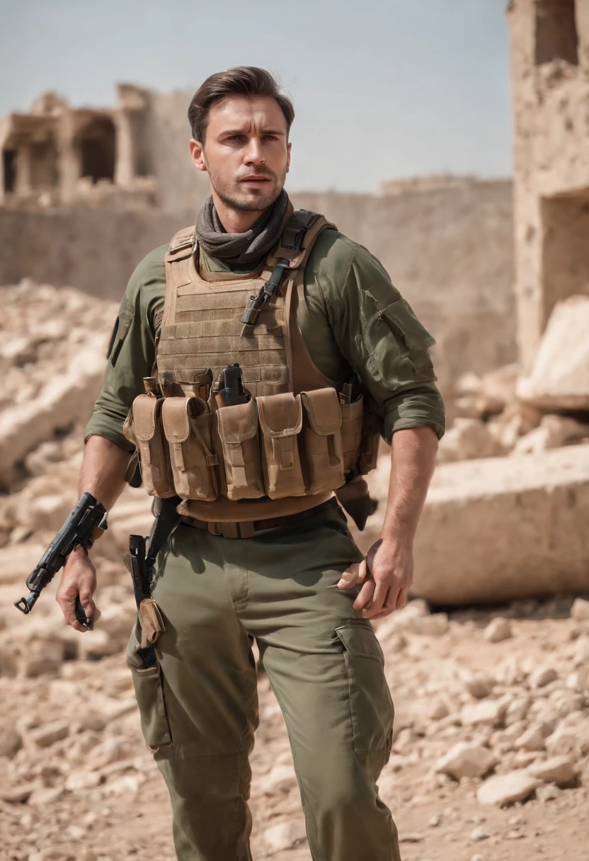 30-year-old man, standing looking at the horizon, under the rubble of ruins caused by bomb explosions, with dark brown hair combed back with a white streak in the front of the hair, light blue eyes, long slightly gray beard, wearing military green uniform with the sleeves rolled up, black combat gloves, a shemag scarf in shades of green around the neck, with a chest type vest fully equipped, on the waist a tactical belt, a canteen and utility pocket and a pistol, wearing a brown combat suit, holding up an m4 rifle with scope accessories.