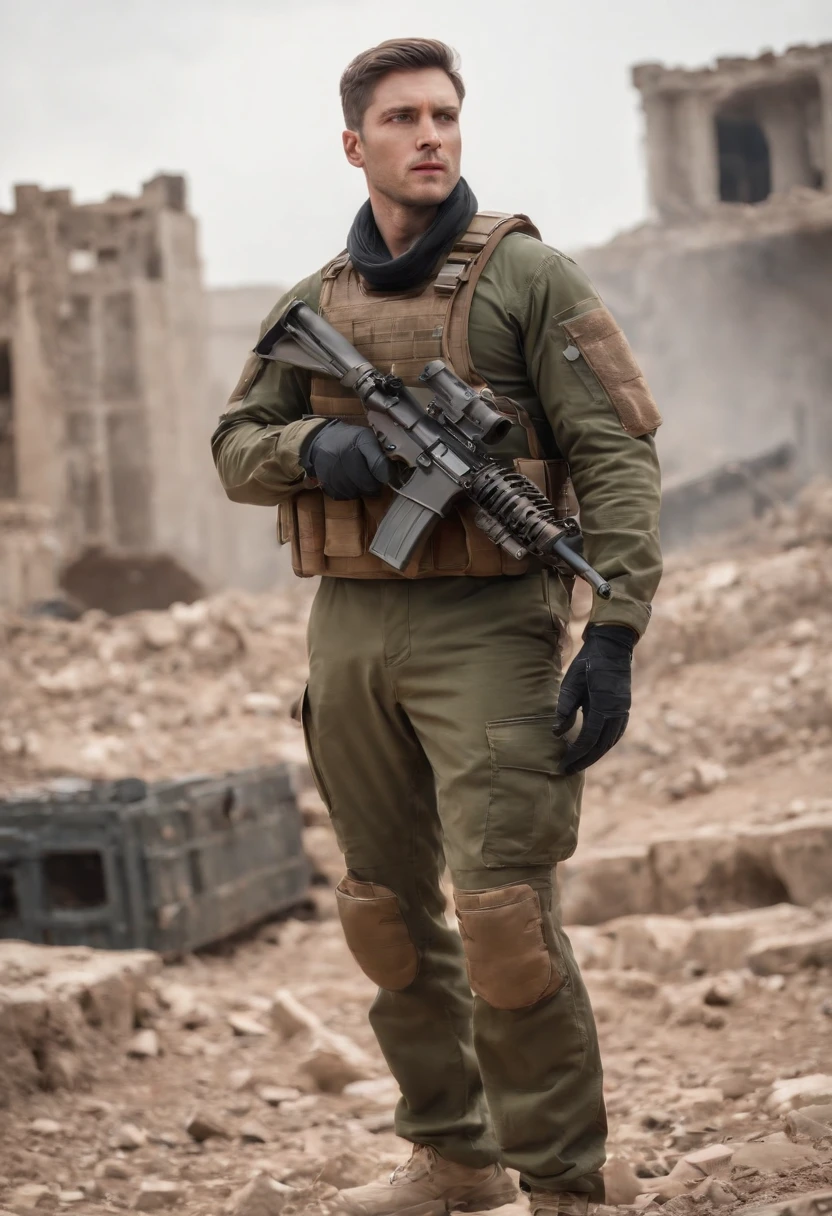 30-year-old man, standing looking at the horizon, under the rubble of ruins caused by bomb explosions, with dark brown hair combed back with a white streak in the front of the hair, light blue eyes, long slightly gray beard, wearing military green uniform with the sleeves rolled up, black combat gloves, a shemag scarf in shades of green around the neck, with a chest type vest fully equipped, on the waist a tactical belt, a canteen and utility pocket and a pistol, wearing a brown combat suit, holding up an m4 rifle with scope accessories.