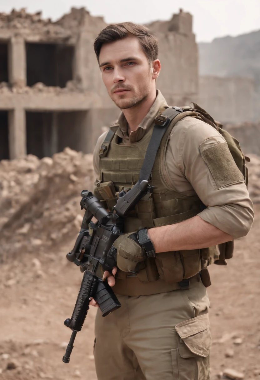 30-year-old man, standing looking at the horizon, under the rubble of ruins caused by bomb explosions, with dark brown hair combed back with a white streak in the front of the hair, light blue eyes, long slightly gray beard, wearing military green uniform with the sleeves rolled up, black combat gloves, a shemag scarf in shades of green around the neck, with a chest type vest fully equipped, on the waist a tactical belt, a canteen and utility pocket and a pistol, wearing a brown combat suit, holding up an m4 rifle with scope accessories.