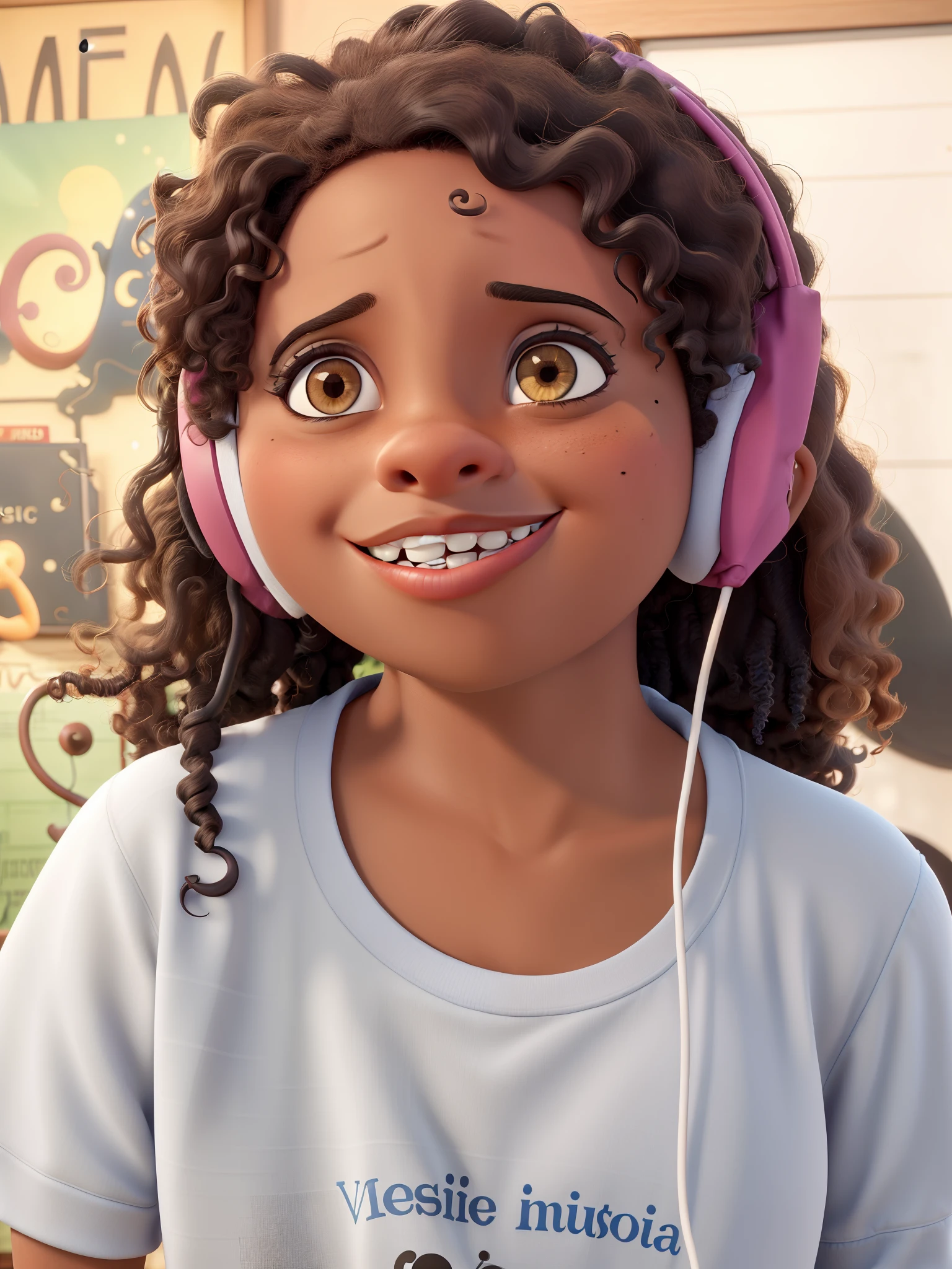 Capa de filme estilo Disney, uma preta com olhos castanhos, Dark skin and curly hair working with music in a music studio in the background.