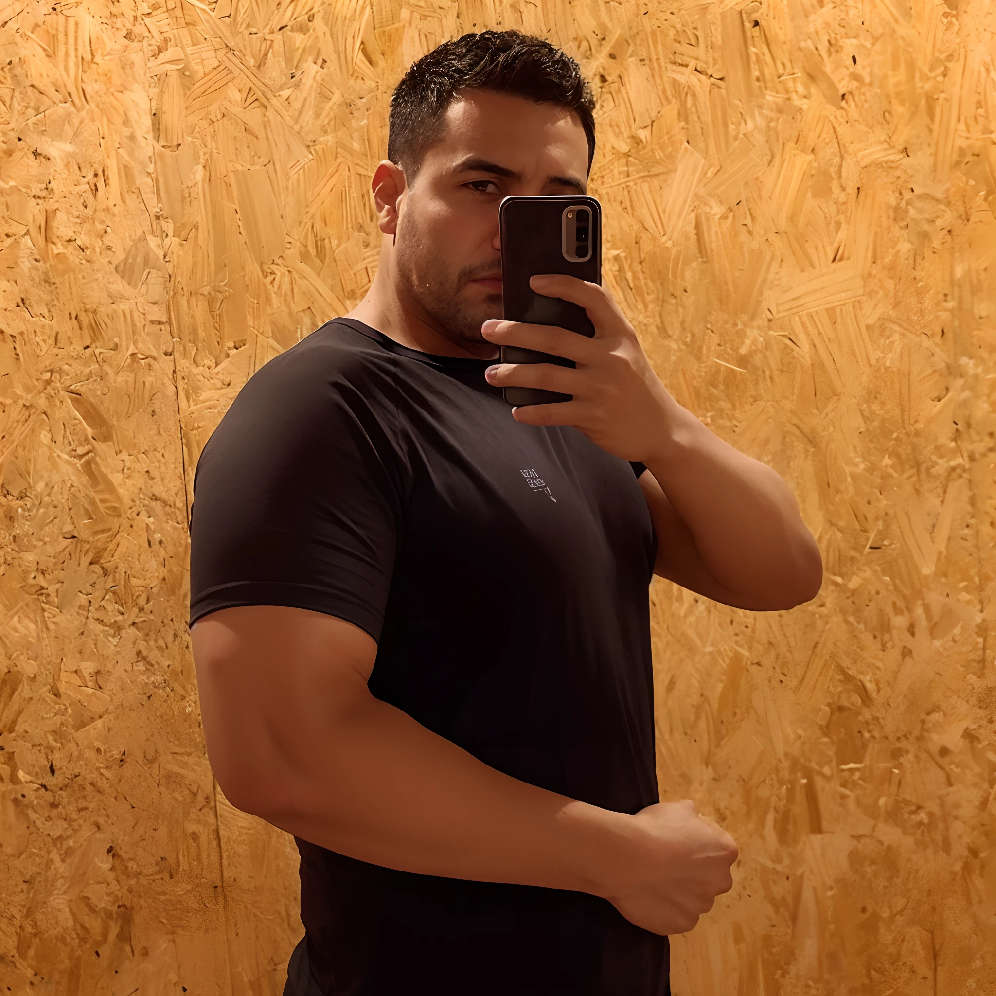 Homem de Arafed tirando uma foto de si mesmo em frente a uma parede de madeira, foto fit, he is wearing a black t-shirt, imagem de corpo inteiro, vestindo camiseta preta, Pose frontal, vestindo uma camiseta preta, imagem frontal, he is! cerca de 3 0 anos de idade, pose lateral, ele tem 3 5 anos, vestindo uma camiseta preta