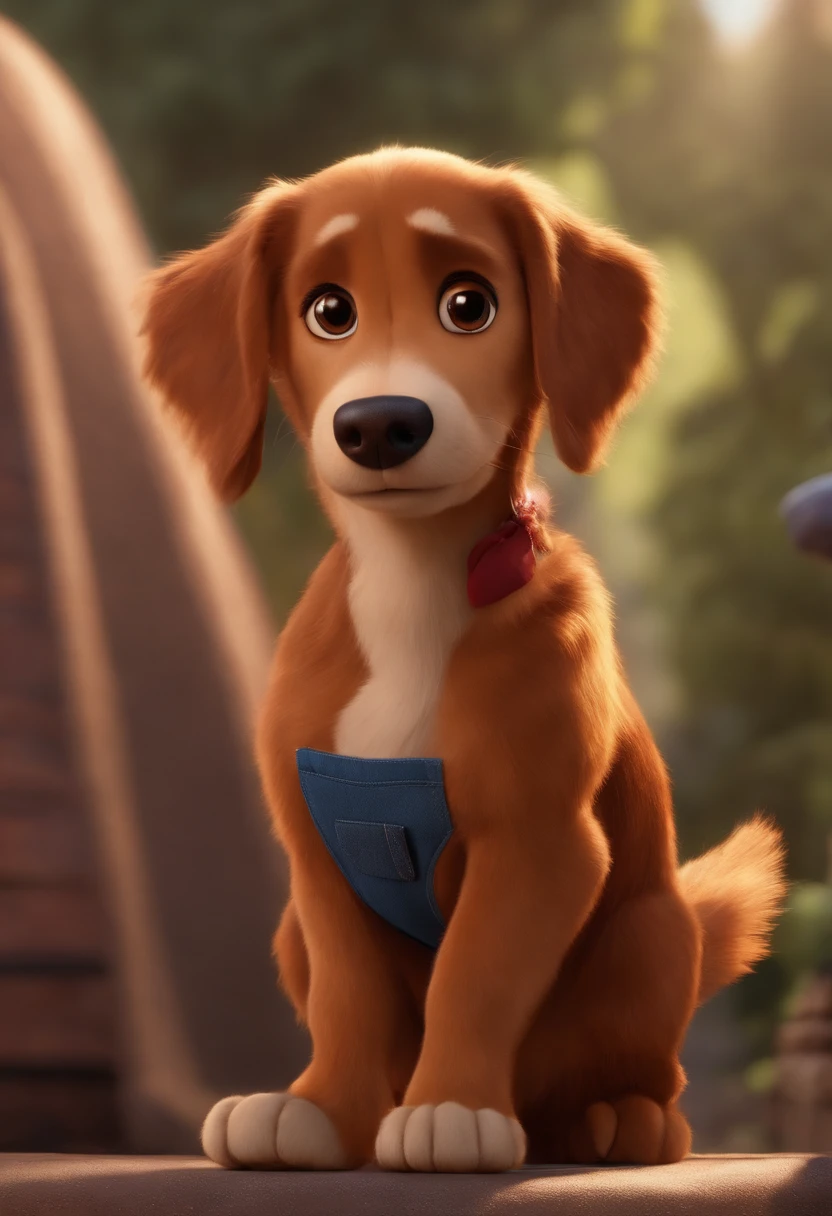 UMA PERSONAGEM INSPIRADA NA DISNEY PIXAR. IMAGEM DE UM CACHORRO MARROM COM ROUPA DE SUPER HEROI. ELE DEVE PARECER CORAJOSO E FORTE. VEMOS UMA CIDADE COM PREDIOS ALTOS AO FUNDO. A CENA DEVE ESTAR NO ESTILO DE ARTE DIGITAL DA PIXAR, focusing on the expressions of the characters, CORES VIBRANTES E TEXTURAS DETALHADAS.