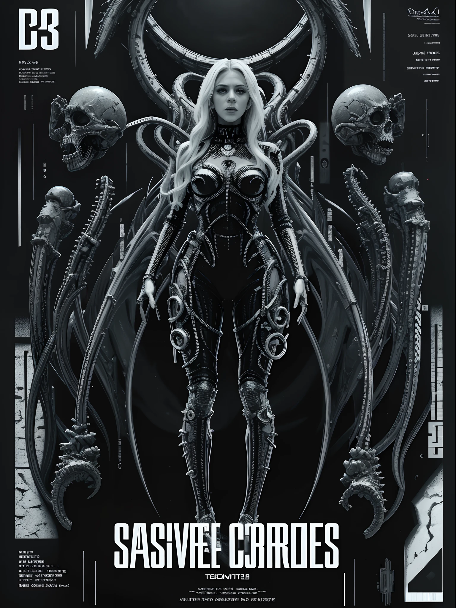 Lovecraftian Lady gaga, sexy cyborg body part, magazine cover, poster art , Lovecraftian creative creatures, hint of vibrant, bold huge text, matted design layout. technological elements