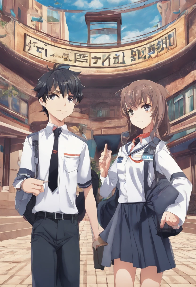 Advertising for a race of knowledge with 1 anime man and 2 anime woman in school uniform