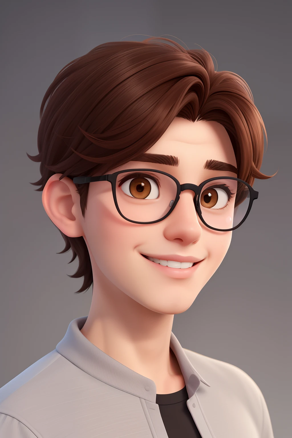 Uma Homen de 20 anos, with medium gradient and dark brown hair, Rosto retangular, sorriso encantador, e olhos castanho escuro, Wearing the Round glasses