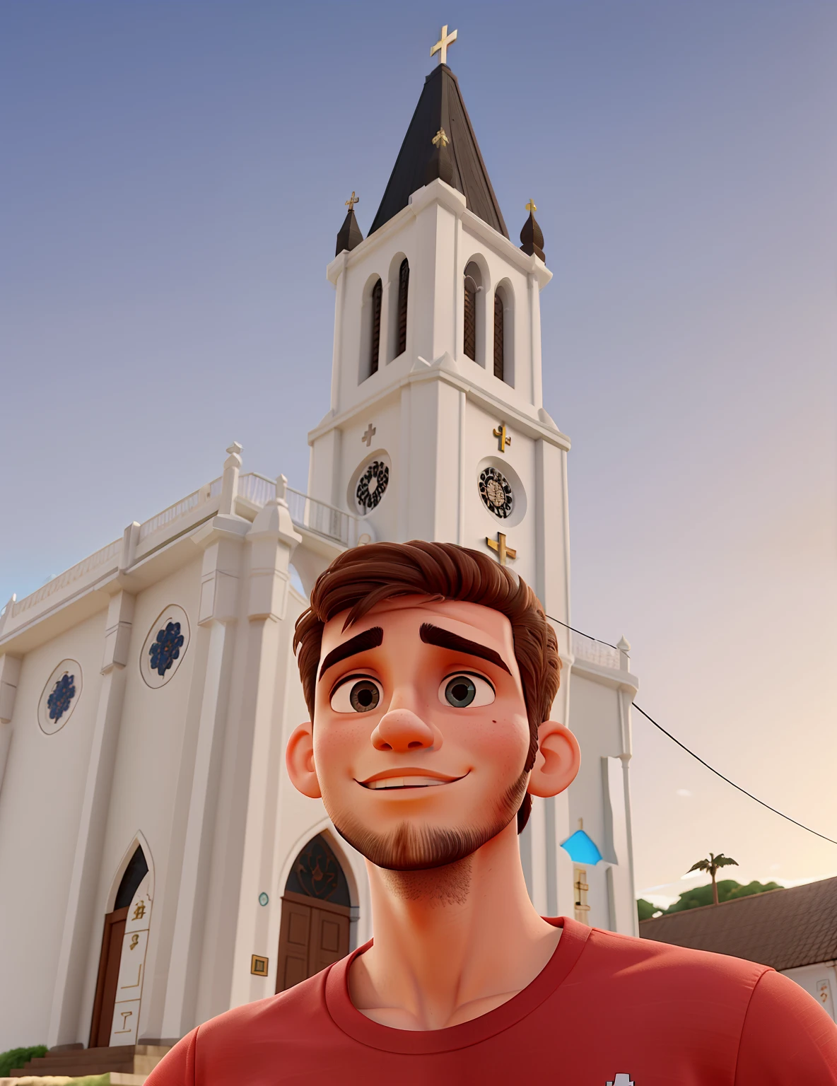 Jovem em frente a uma igreja, sem cabelo, rosto sem barba