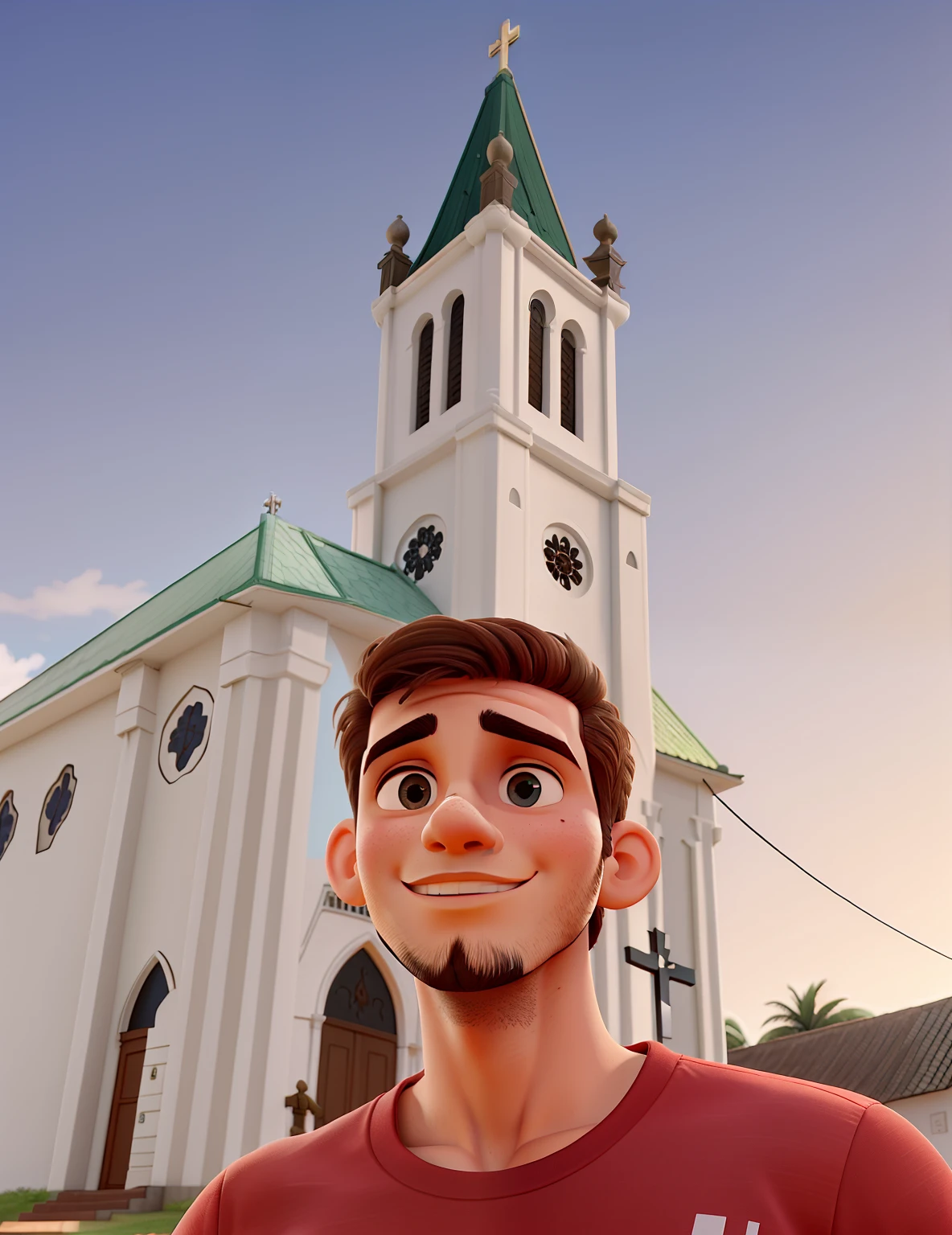 Jovem em frente a uma igreja, sem cabelo, rosto sem barba