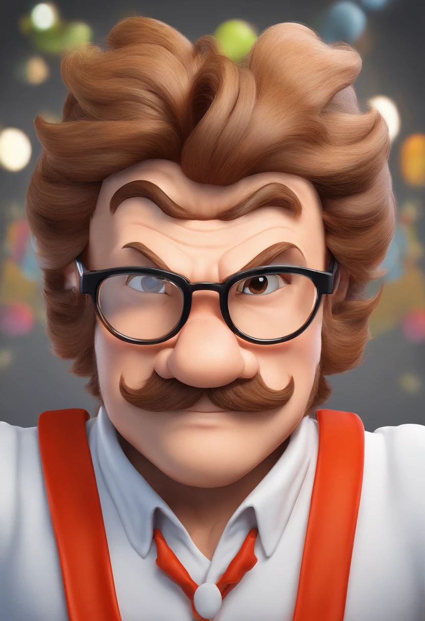 ((best quality)), ((master part)), ((desenhos animados realistas)), ((Personagem perfeito)) - Um retrato frontal meticulosamente detalhado e realista de um homem com cabelo raspado, glasses and a shirt with beautiful textures. O homem olha diretamente para o espectador, Establish a strong and confident presence. The image captures their distinctive facial features, accurately showing the brightness of your eyes and the design of your glasses. The black shirt is rendered with fine details, aumentando o profissionalismo do retrato. Enviado para documentos oficiais, this portrait is presented in impressive 8K UHD resolution, Ensure clarity and unique protection.