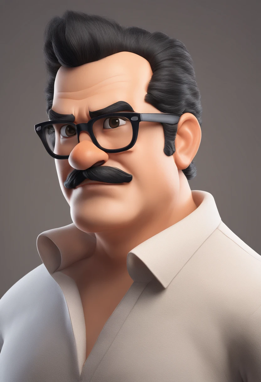 ((best quality)), ((master part)), ((desenhos animados realistas)), ((Personagem perfeito)) - Um retrato frontal meticulosamente detalhado e realista de um homem com cabelo raspado, glasses and a shirt with beautiful textures. O homem olha diretamente para o espectador, Establish a strong and confident presence. The image captures their distinctive facial features, accurately showing the brightness of your eyes and the design of your glasses. The black shirt is rendered with fine details, aumentando o profissionalismo do retrato. Enviado para documentos oficiais, this portrait is presented in impressive 8K UHD resolution, Ensure clarity and unique protection.