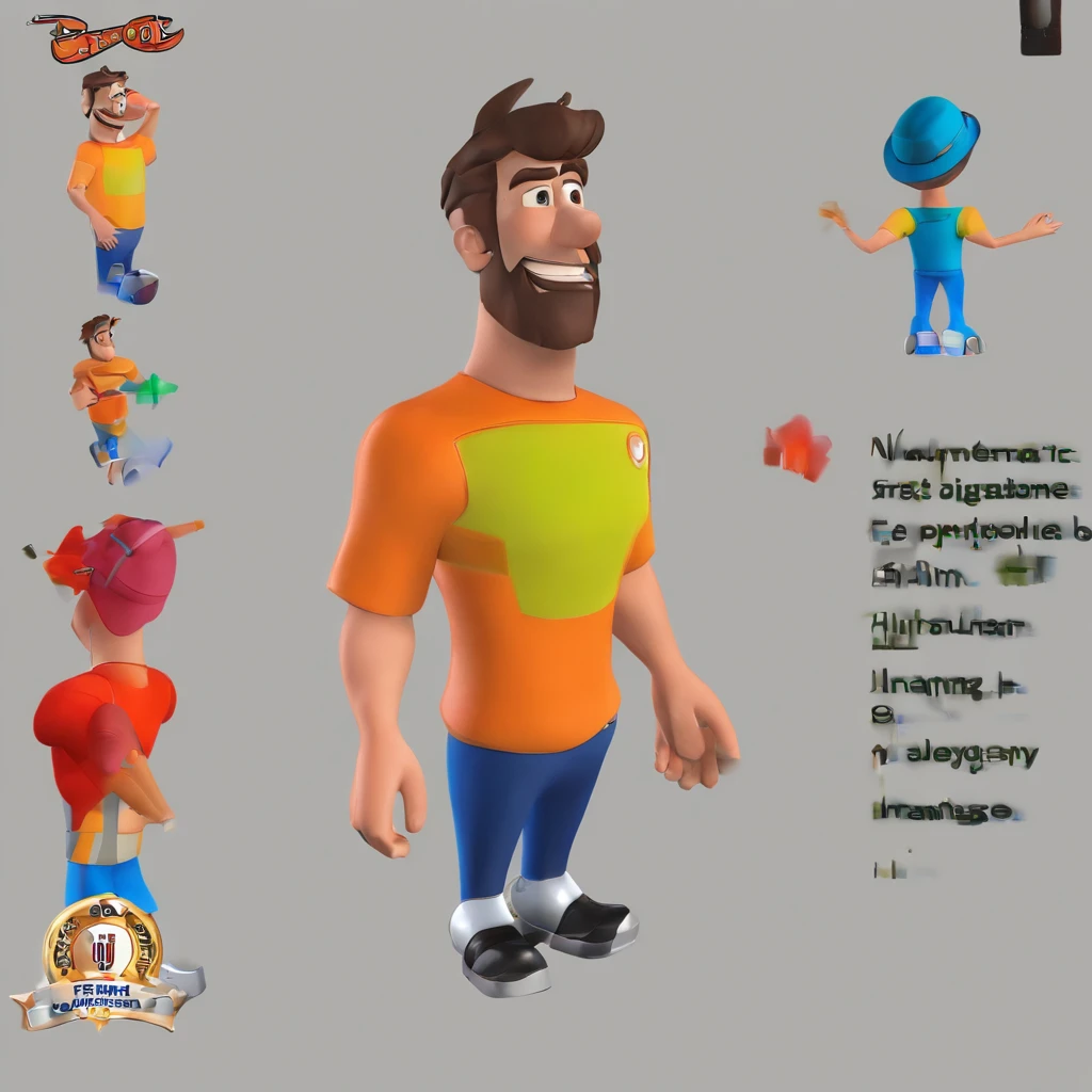 Criar um personagem no estilo Pixar. Trata-se de um homem de 28 anos, com barba, sorridente Moreno, com cabelos pretos curtos, e olhos castanhos claro. He's wearing a shiny silver cord, Trabalhar como designer
