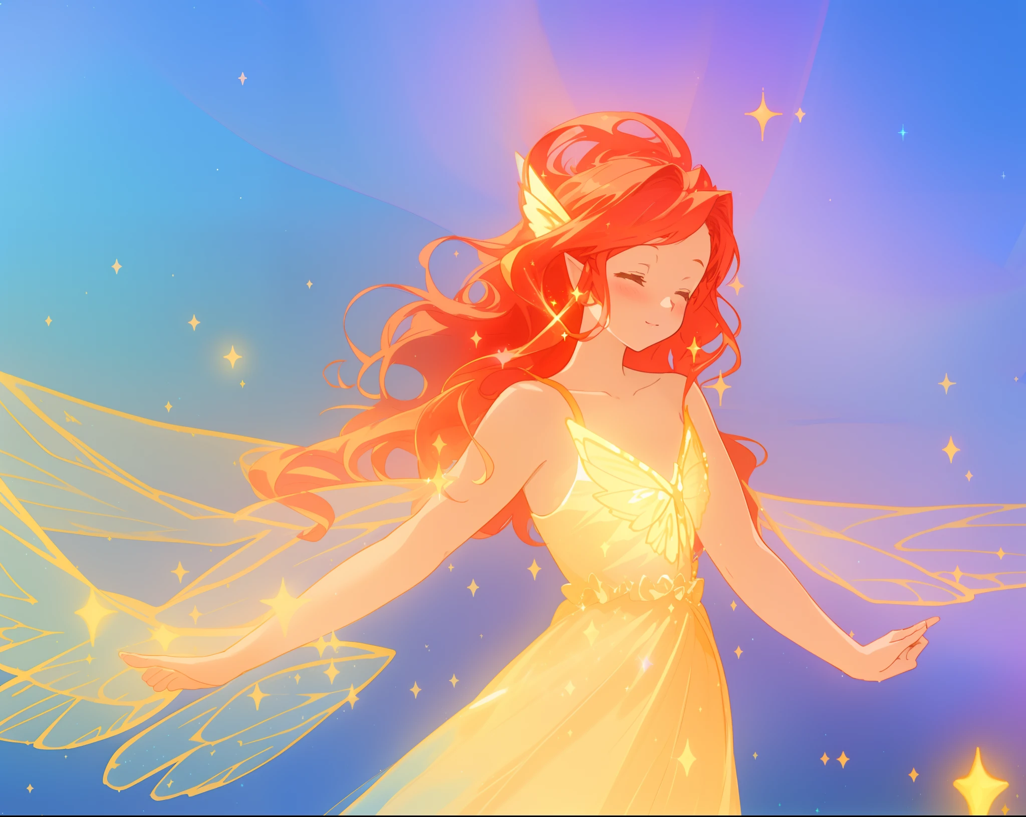beautiful girl in golden gown, ((huge sparkling fairy wings)), long flowing red hair, fantasia sky background, colorful, (glowing fairy wings), glowing flowing ballgown, long wavy hair, sparkling fairy wings, watercolor illustration, disney art style, glowing aura around her, flowing glowing hair, glowing flowing hair, beautiful digital illustration, beautiful, ((masterpiece)), best quality, anime disney style