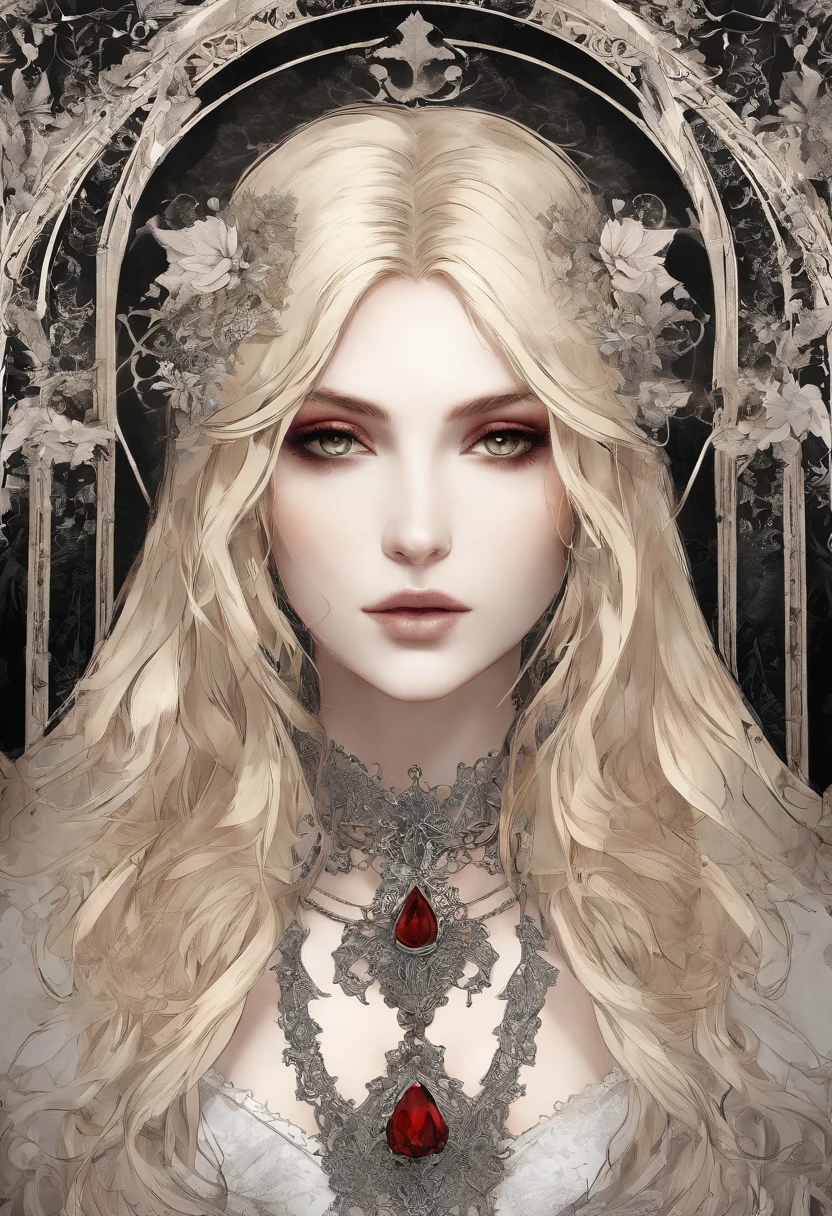 Lucy Wetenra, character from the book Dracula by Bram Stoker, beautiful and sensual, completely naked, with completely white and pale skin, red eyes, with very long, wavy white hair, walking through the gallery of an ancient mausoleum full of stained glass , painted in the style of a Renaissance painting.