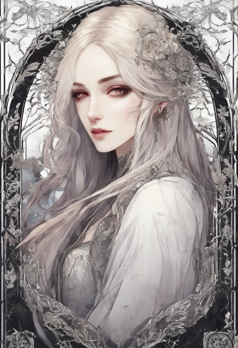 high quality, best quality, official art, 8k wallpaper, masterpiece, beautiful man, detailed portrait, long blonde hair, red eyes, pale, dainty, delicate, and slender, small smile, fashionable, cute, angelic