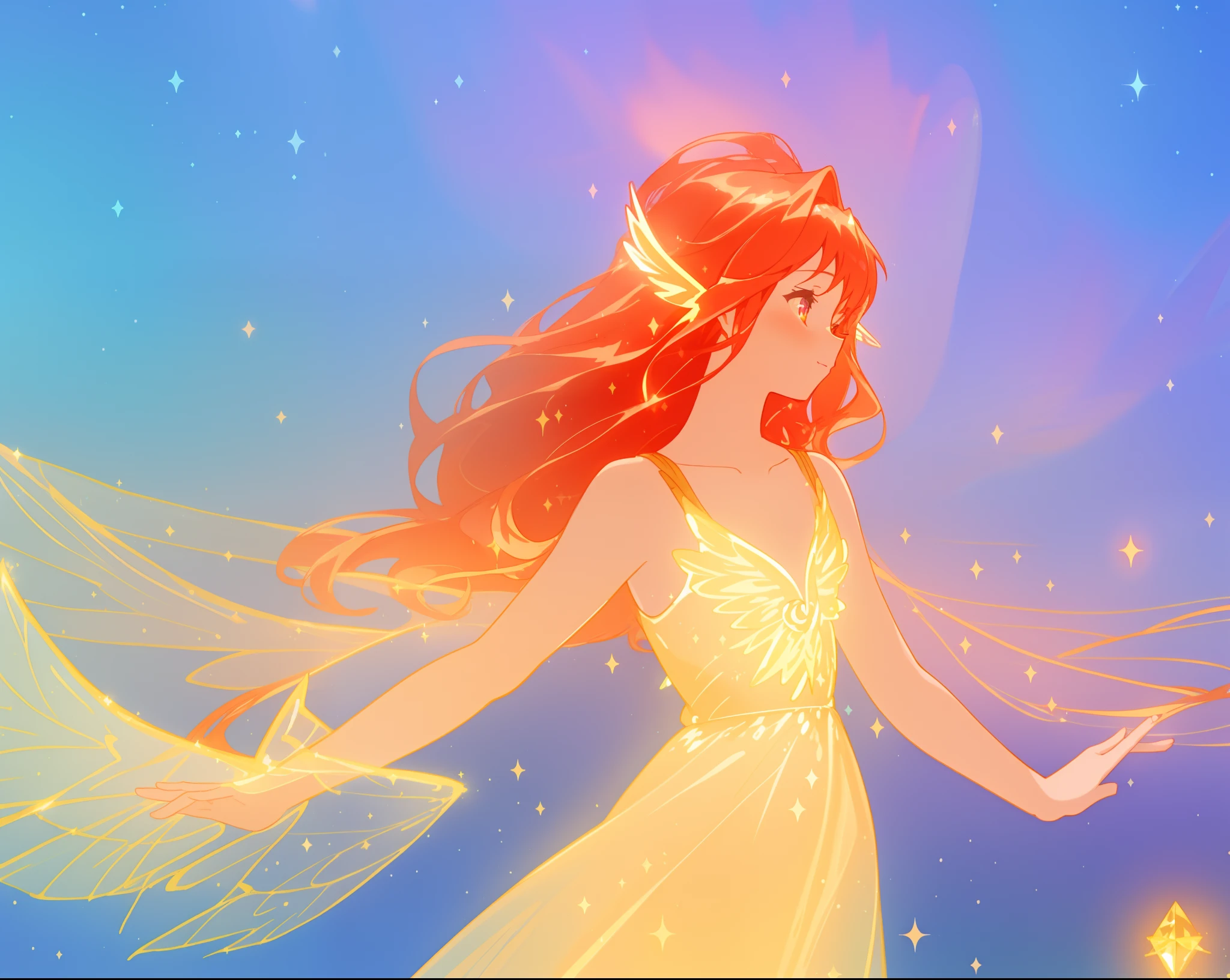 beautiful girl in golden gown, ((huge sparkling fairy wings)), long flowing red hair, fantasia sky background, colorful, (glowing fairy wings), glowing flowing ballgown, long wavy hair, sparkling fairy wings, watercolor illustration, disney art style, glowing aura around her, flowing glowing hair, glowing flowing hair, beautiful digital illustration, beautiful, ((masterpiece)), best quality, anime disney style