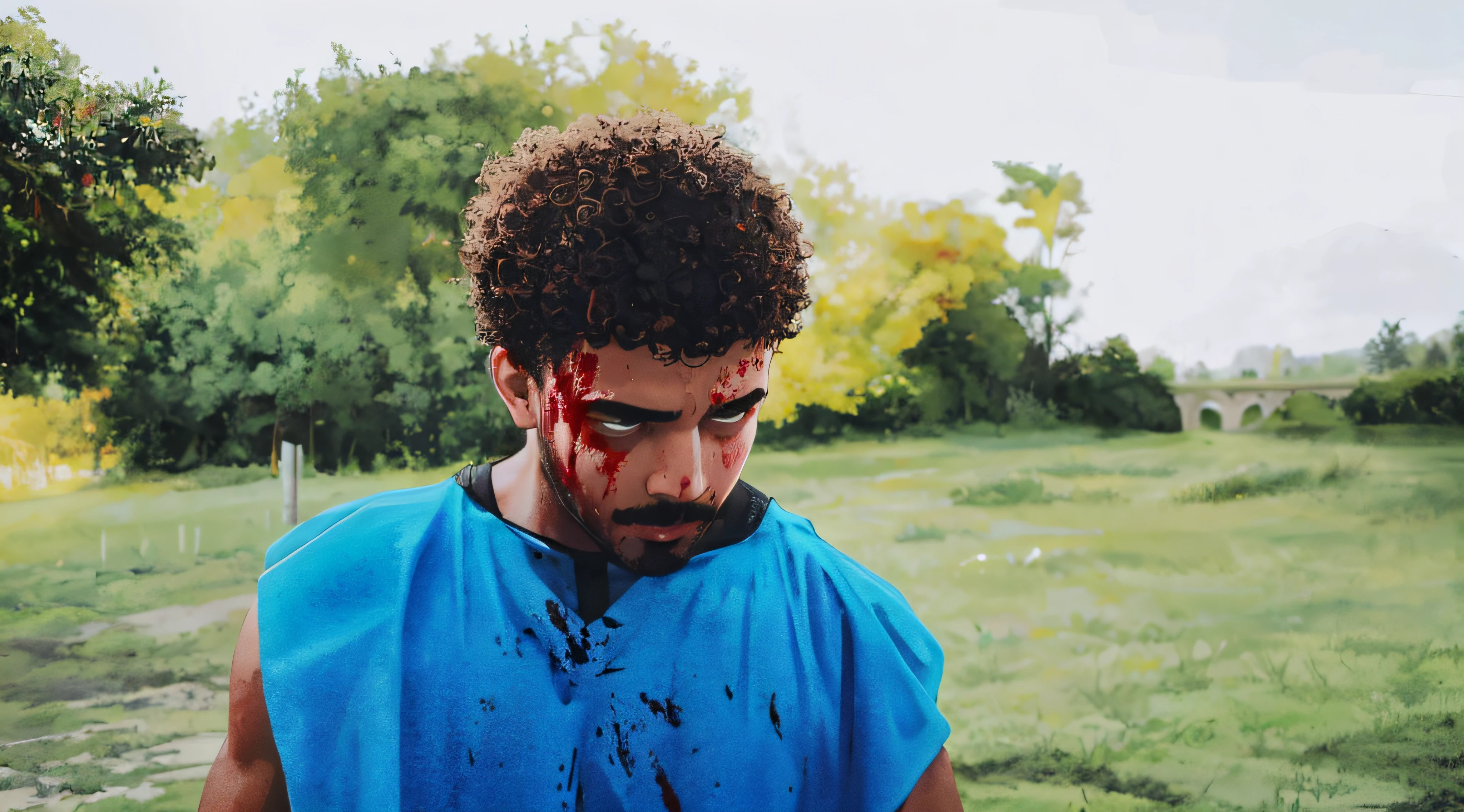 Homem com sangue no rosto, still from a music video, sangue nas roupas e no rosto, sangue no rosto, rosto ensanguentado, blood dripping down the head, rosto limpo e brutal ensanguentado, editing, respingo de sangue nas laterais, brutal sangrenta e maquiada, cena sangrenta, filme promocional ainda