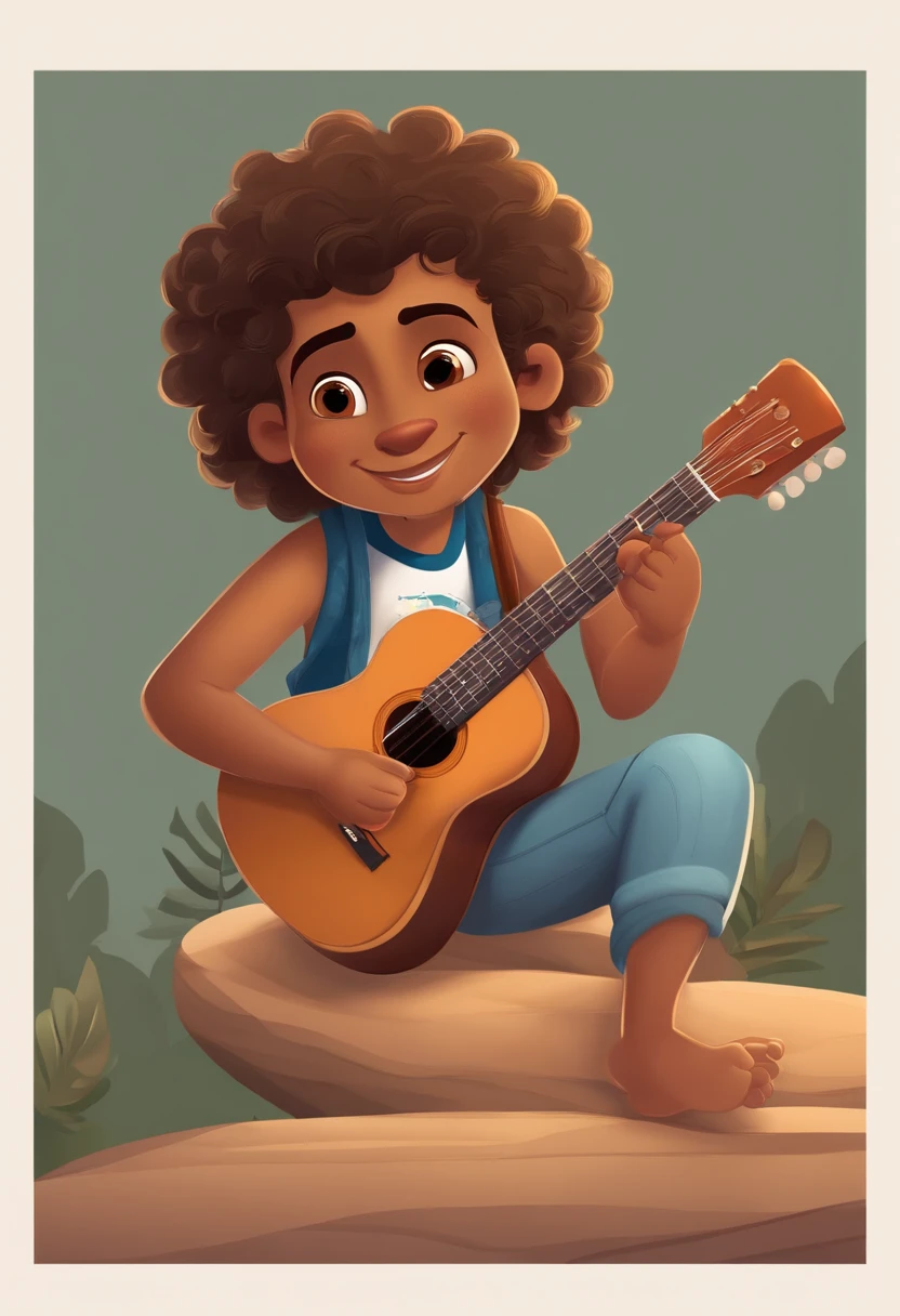crie um banner no estilo Pixar. A boy with Indian features, moreno pardo com cabelos curtos, Castanhos escuros, Curly and slightly grayish appearance, mas jovem, usando uma camiseta, Wearing jeans and holding a classical guitar with 7 strings.