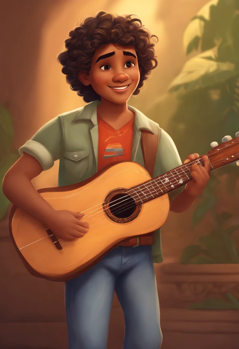 crie um banner no estilo Pixar. A boy with Indian features, moreno pardo com cabelos curtos, Castanhos escuros, Curly and slightly grayish appearance, mas jovem, usando uma camiseta, Wearing jeans and holding a classical guitar with 7 strings.