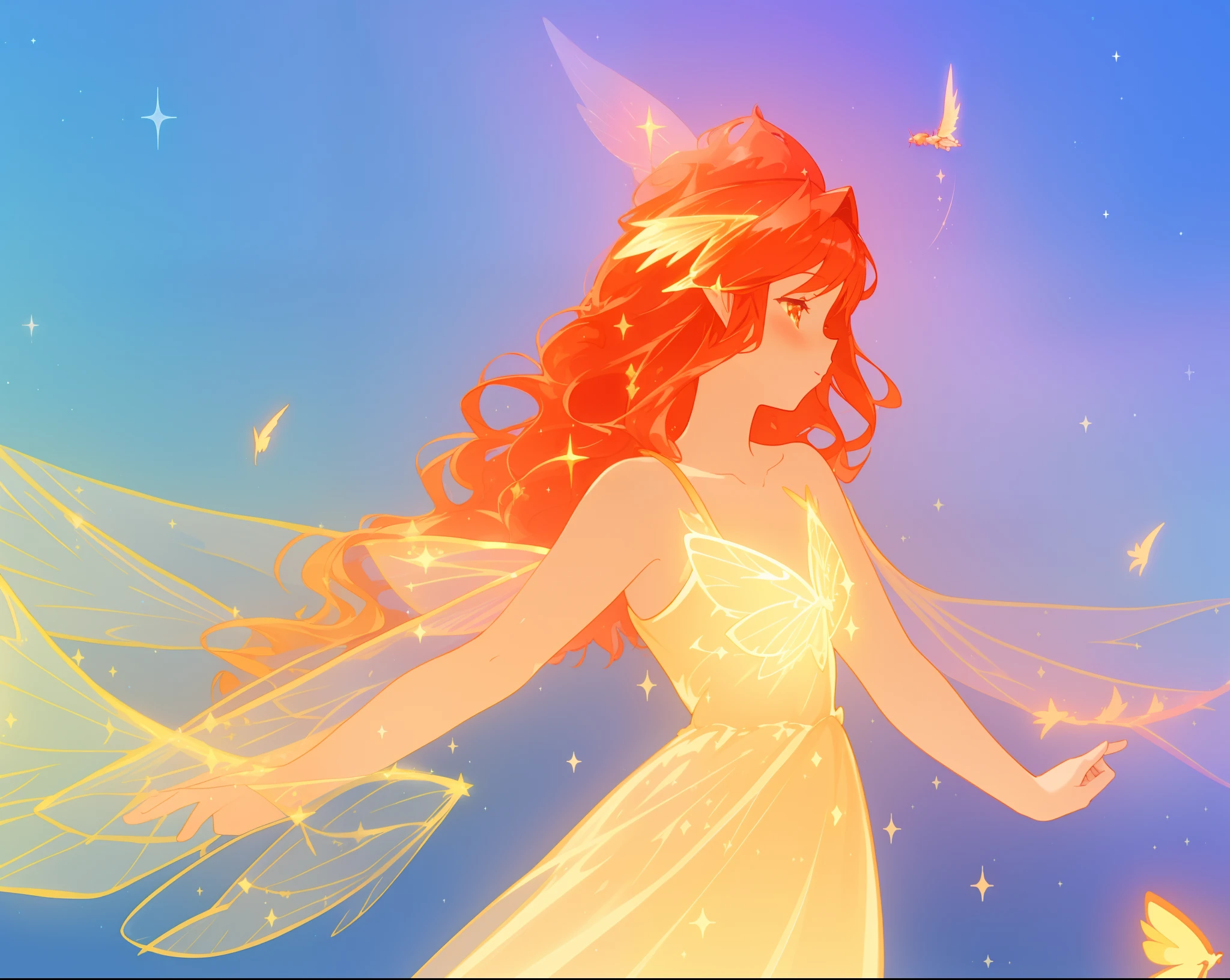 beautiful girl in golden gown, ((huge sparkling fairy wings)), long flowing red hair, fantasia sky background, colorful, (glowing fairy wings), glowing flowing ballgown, long wavy hair, sparkling fairy wings, watercolor illustration, disney art style, glowing aura around her, flowing glowing hair, glowing flowing hair, beautiful digital illustration, beautiful, ((masterpiece)), best quality, anime disney style