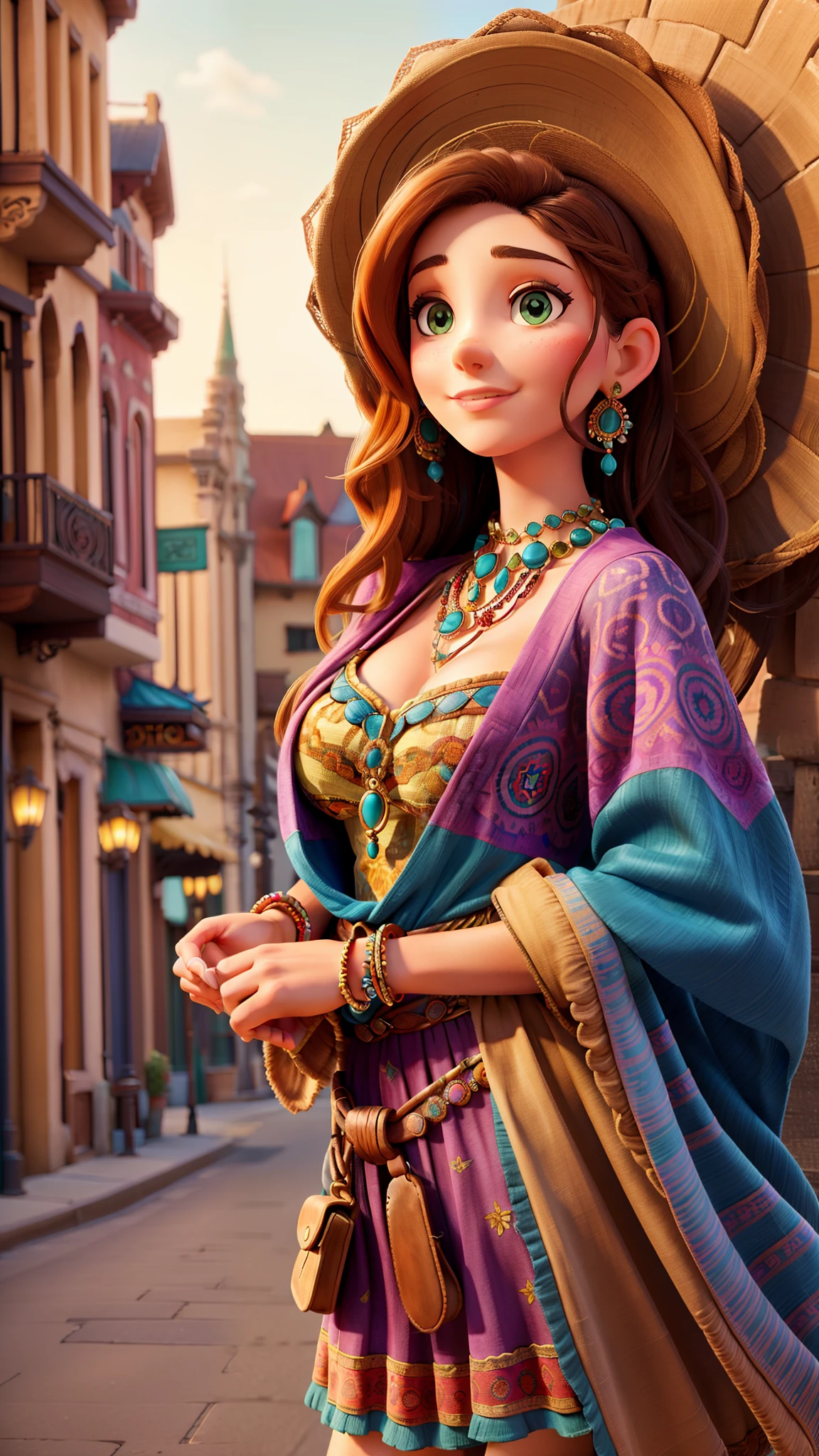 Master professional photography, beautiful woman in bohemian dress and accessories, extreme textures and details, full body portrait shot, bohemian city landmarks background, 64K