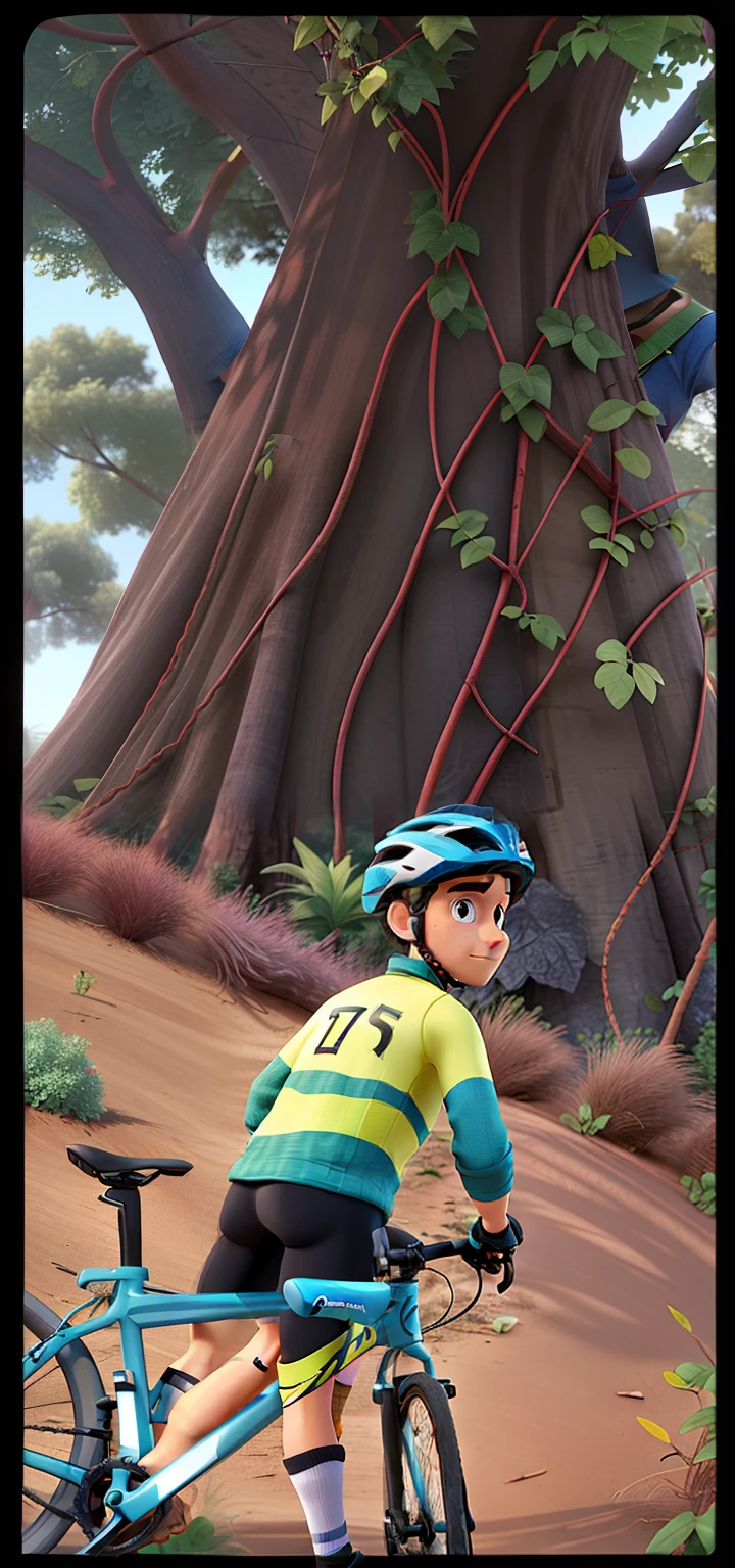 Man in cycling clothes and helmet holding a bicycle in front of a tree with many vines hanging from it.
