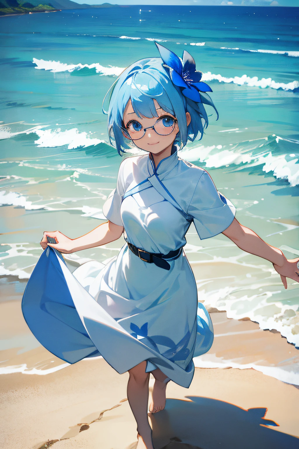 White anime girl, blue short hair, one blue flower on her head, blues eyes, eyeglasses, standing, long white plain dress, leather belt, barefoot, smiling face, white floor, ocean background.