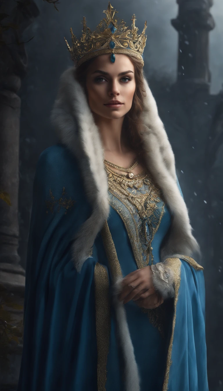 Woman with an ice tiara on her head and a navy blue winter cloak with golden details, broche de floco de neve. longos cabelos pretos. rainha do inverno, princesa elfa, retrato de uma rainha elfa, rainha elfa, princesa inverno, uma rainha elfa, artgerm em artstation pixiv, bela e elegante rainha elfa, corpo inteiro. Standing in the snow in front of a large icy castle. Personagem de RPG. Era medieval. Mulher elfa. Elfa de cabelos ruivos. Olhos azuis. Elfa da floresta. Elfa Guerreira da floresta. Elfa arqueira. Arqueira medieval. Arco e Flecha. Organic Amadura. Armadura verde musgo. soft ilumination. Standing in the middle of the forest. Floresta densa. Cogumelos bioluminescentes. fantastical setting. Luz do dia. Luz solar. realces de cores quentes. Paleta verde azul e amarelo. RPG Character design. modelo ig | artgerm, :: rossdraws, obra de arte no estilo de guweiz, extremamente detalhada artgerm. corpo inteiro, fundo detalhado de um castelo, hiper detalhado, rosto detalhado, foto sincera POV, por lee jeffries, Nikon d850, filme fotografia de estoque ,4 kodak portra 400, F1 camera lens.6, cores ricas, hiper realista, textura realista, lighting dramatic, cinestill 800 (8k, Foto RAW, melhor qualidade, obra-prima: 1.2), ultra-detalhado, (pele altamente detalhada: 1.2), 8k UHD, DSLR, soft ilumination, alta qualidade.modelo ig | artgerm, :: rossdraws, obra de arte no estilo de guweiz, extremamente detalhada artgerm. corpo inteiro, fundo detalhado de um castelo, hiper detalhado, rosto detalhado, foto sincera POV, por lee jeffries, Nikon d850, filme fotografia de estoque ,4 kodak portra 400, F1 camera lens.6, cores ricas, hiper realista, textura realista, lighting dramatic, cinestill 800