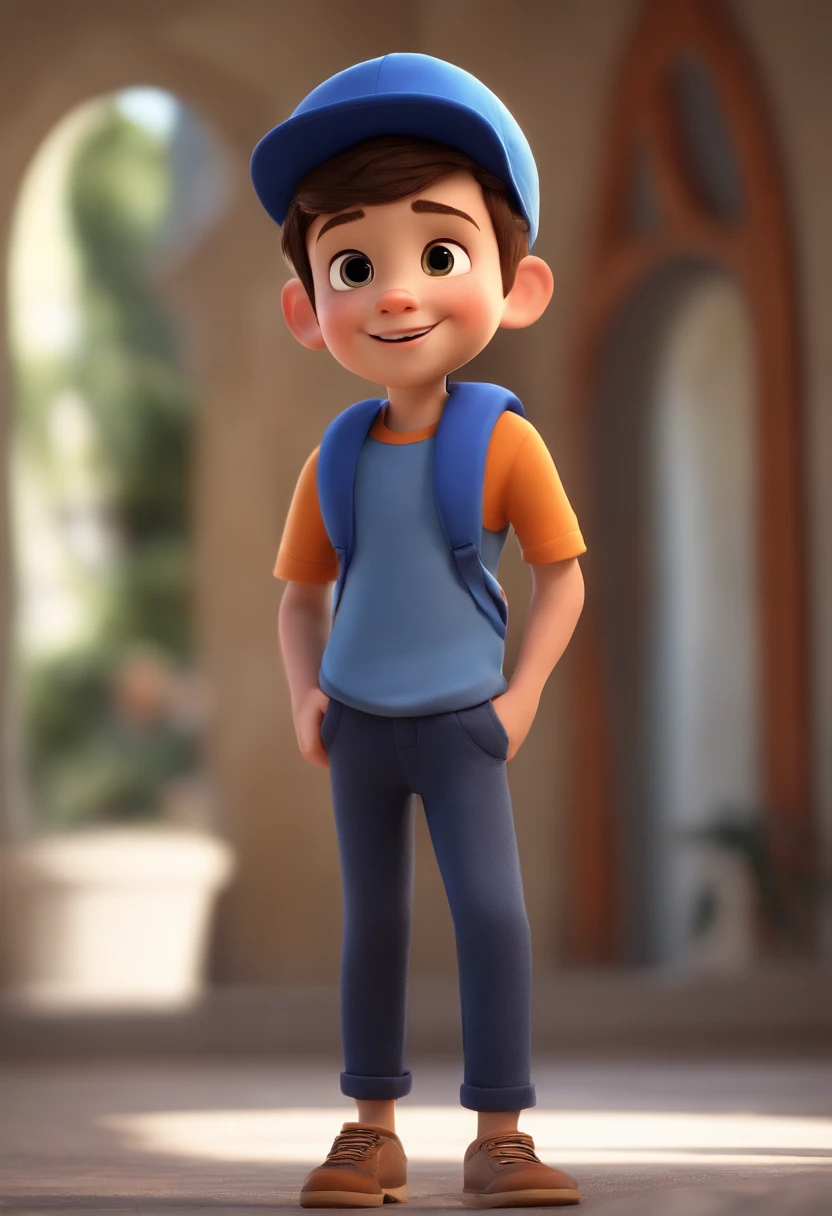 A happy cute boy standing short hair with dark blue cap , vestindo uma camisa azul , , fundo branco, barnet, Tom, Estilo Pixar, ......3d, desenhos animados, rosto detalhado, asymmetrical 16k