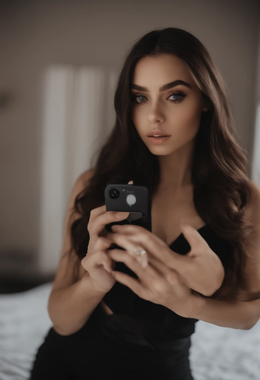 brunette girl gym mirror selfie, holding iphone 15, sexy pose, smiling
