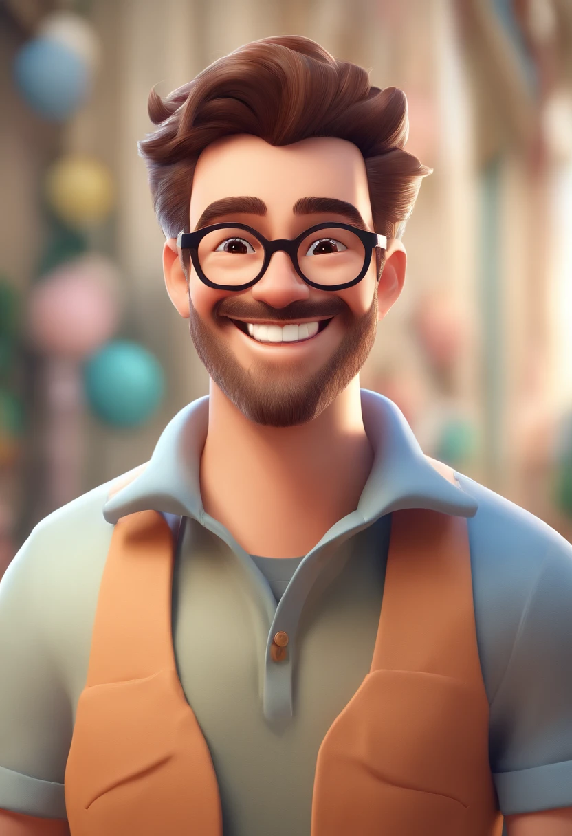 Illustration of a smiling man, Um sorriso doentio, Homem de pele parda，The smile is bright, happily smiling at the camera, sorriso atrevido, barba grisalha, queda de cabelo, thick glasses, he's smiling, sorriso muito grande, Macho sorridente, foto de perfil do avatar, Sorria com um sorriso brilhante, Desenhar em estilo de arte 3D, c4d, com um fundo branco puro, Estilo Disney, Pixar-style rendering illustrations in super detail, 8k
