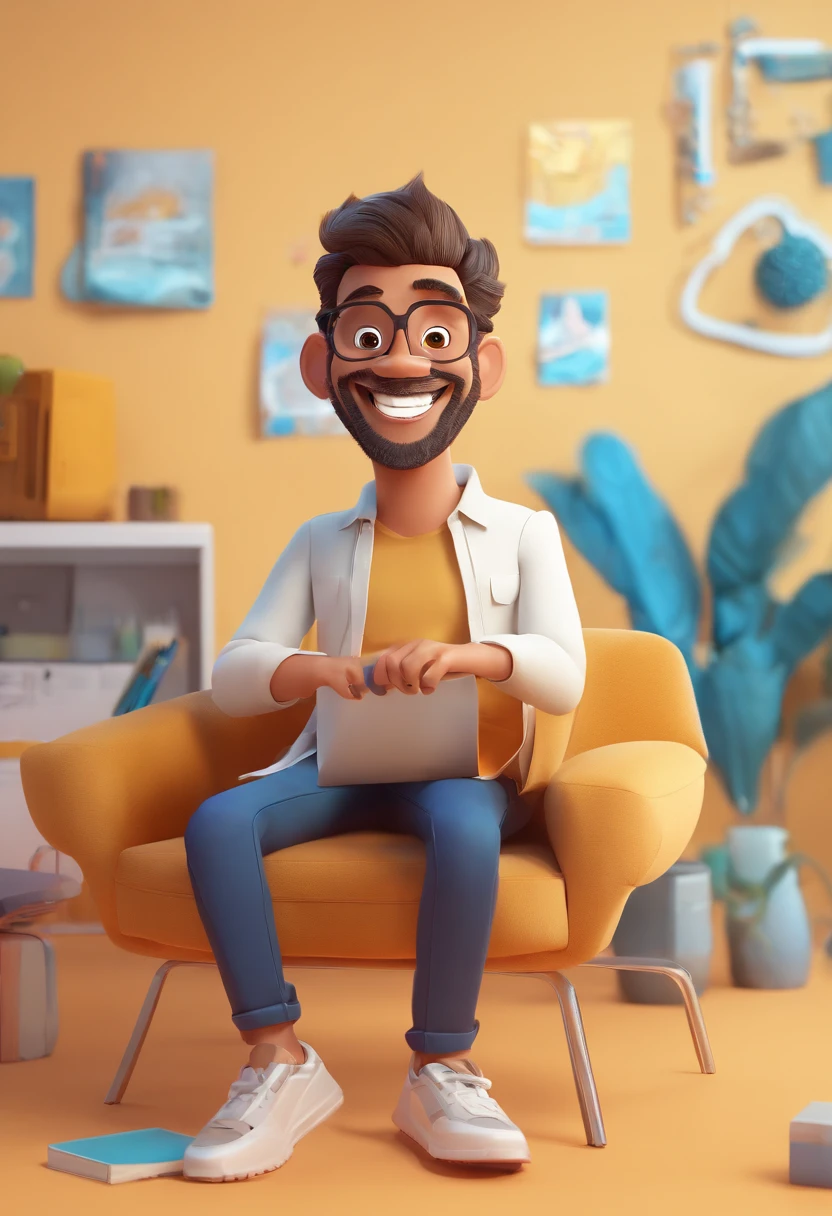 Illustration of a smiling man, Um sorriso doentio, Homem de pele parda，The smile is bright, happily smiling at the camera, sorriso atrevido, barba grisalha, queda de cabelo, thick glasses, he's smiling, sorriso muito grande, Macho sorridente, foto de perfil do avatar, Sorria com um sorriso brilhante, Desenhar em estilo de arte 3D, c4d, com um fundo branco puro, Estilo Disney, Pixar-style rendering illustrations in super detail, 8k