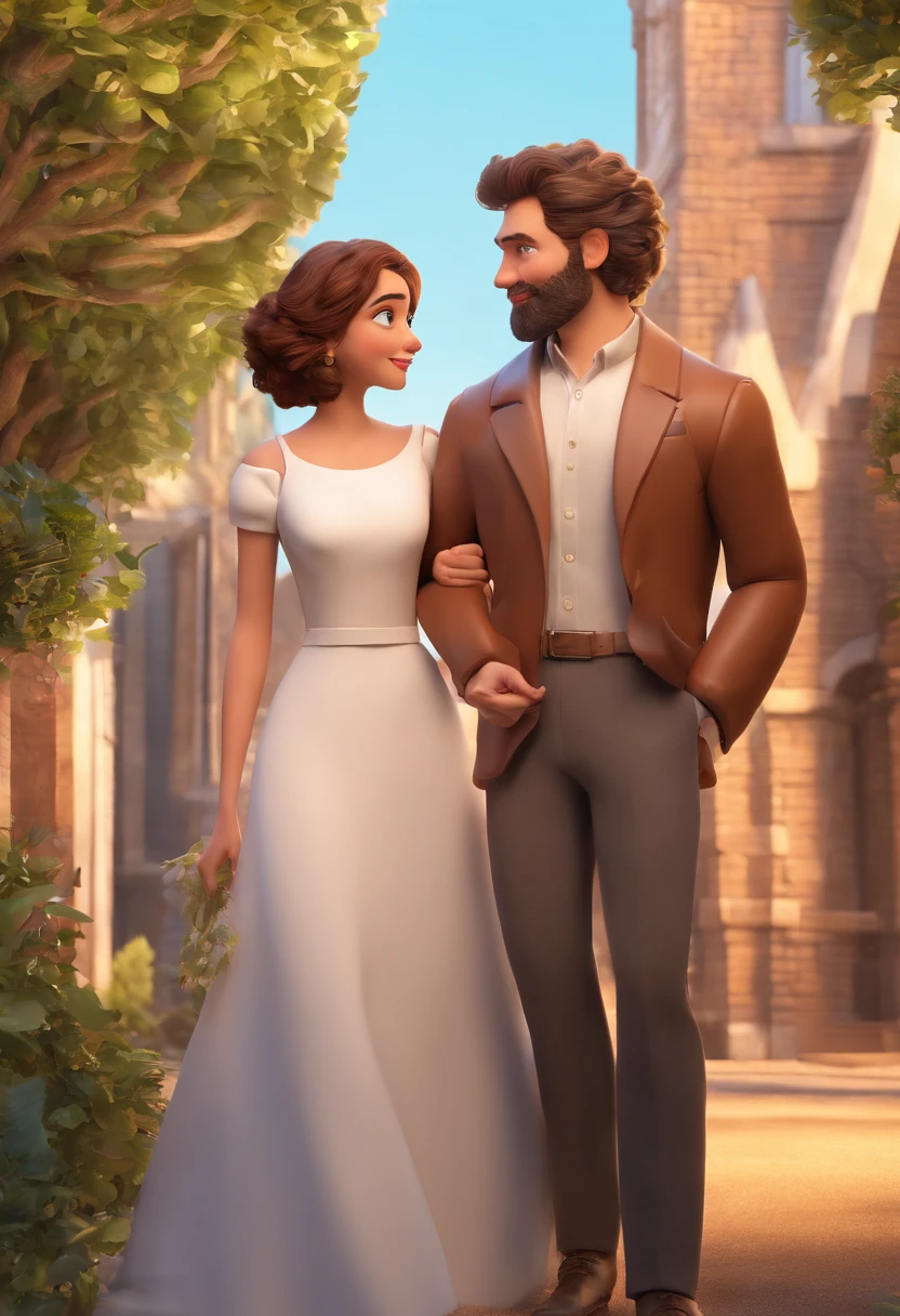 Create two characters in romantic Pixar style: A tall white young man with short brown curly hair, brown eyes, beard and a very white young woman with semi long straight brown hair and blue eyes in a romantic landscape