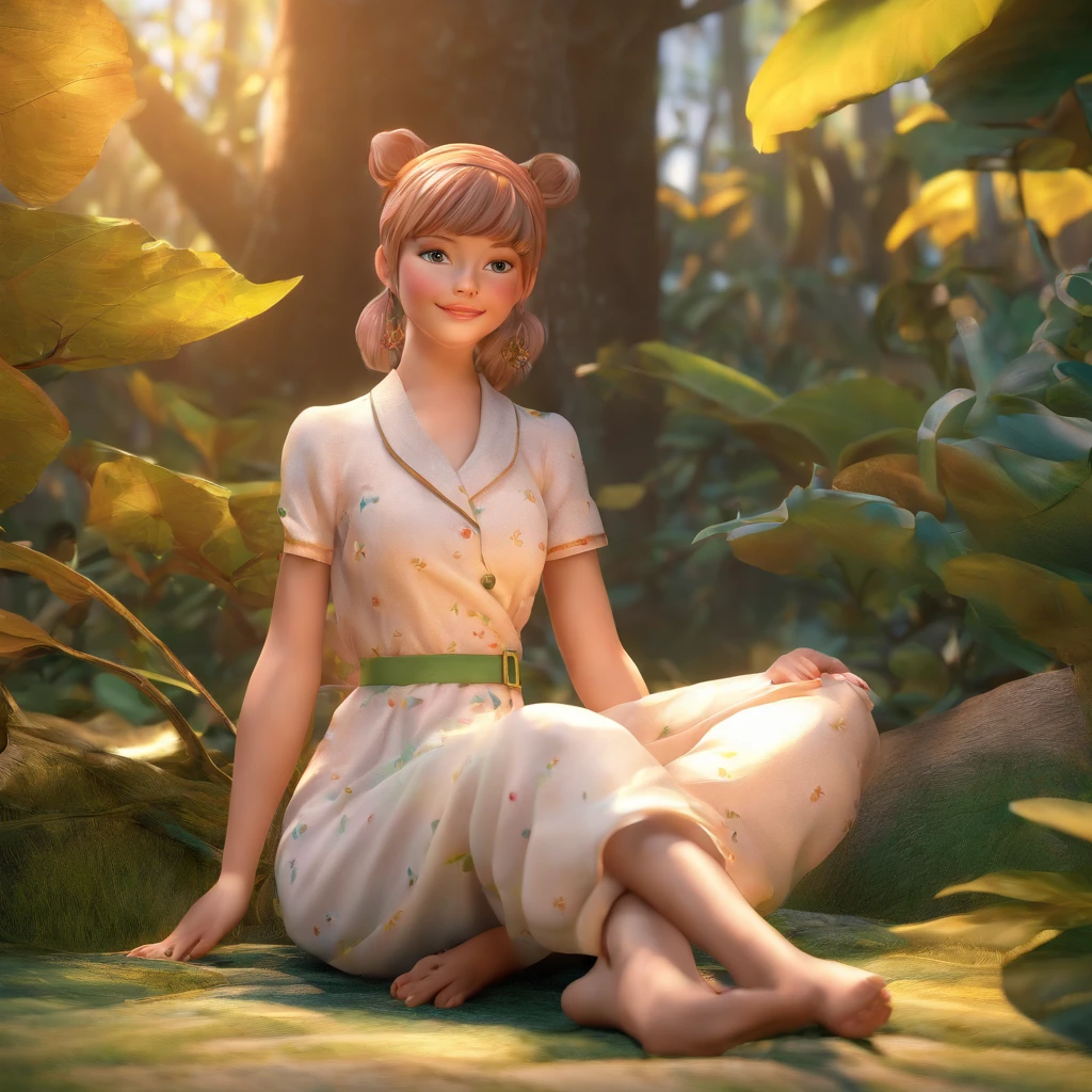 Uma foto profissional de alta qualidade, in 4k resolution, captura em detalhes realistas uma garota encantadora em um pijama branco fofo com orelhas e rabo de raposa. She's sitting in the middle of an enchanted forest, where each element is portrayed to perfection. As texturas do pijama, ears and tail are sharp and palpable. A luz do sol incide sobre as folhas e ilumina suavemente o rosto da , highlighting every delicate and charming expression