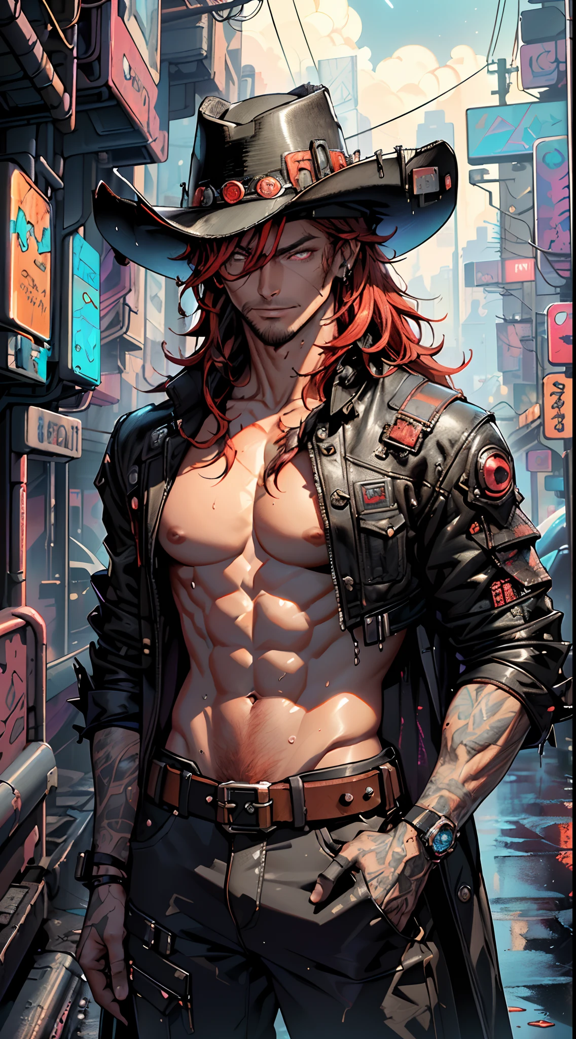 (man:1.5),1 man,cyberpunk gunslinger,(((1man))),((man with messy red hair))),

(((1male,man:1.5,handsome man,male,male gender:1.5,male focus))),macho man,((messy red hair,dark_red_hair,detailed hair,highly detailed hair,red hair,hair over one eye:1.2,dyed interior hair,colored inner hair)),(((dark_red_eyes:1.2))),intricate eyes,beautiful detailed eyes,symmetrical eyes(((lustrous skin:1.5,tanned skin,bright skin: 1.5,skin tanned,shiny skin,very shiny skin,shiny body,illuminated skin))),((man chest)),handsome face,((muscular)),(((detailed face))),

alluring look,nsfw,

(((bare chest))),dark pants,((bulge in pants)),((gunfighter outfit, (cyberpunk cowboy_hat:1.2))),(wearing a gunfighter outfit:1.3,gunslinger clothes),(cyberpunk gun holster,belt),((wet clothes,intricate outfit,intricate clothes)),

(dynamic pose:1.0),solo focus,((evil smile,evil look)),(centered,scale to fit dimensions,Rule of thirds),

cyberpunk city by the ocean at night, with bright neon signs and dark stormy clouds and puddles, scenery:1.25,starry night, cosmos,

highres, sharp focus, (ultra detailed, extremely detailed), (photorealistic artwork:1.37),(extremely detailed CG unity 8k wallpaper),((synthwave background theme)),(((vibrant colors))),(intricate background),(masterpiece),(best quality),