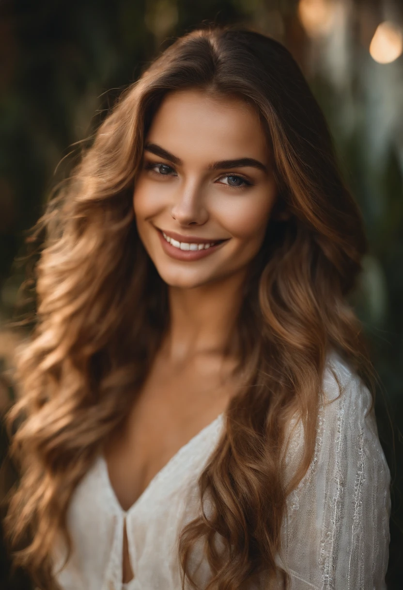 A 21-year-old woman with medium hair, moreno iluminado com o tom mais claro, olhos Petros, sorriso encantador