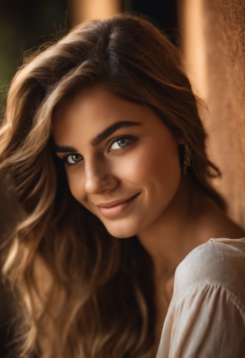 A 21-year-old woman with medium hair, moreno iluminado com o tom mais claro, olhos Petros, sorriso encantador