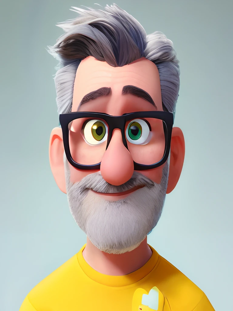 A closeup of a cartoon character with glasses and gray beard, pixar retrato 8 k foto, close - retrato facial de cima, retrato pixar, Como um personagem da Pixar, cabelos pretos, bigode preto,  Personagem ideal da Pixar, Anato Finnstark. Pixar, personagem pixar, Representado como um personagem da Pixar, Pixar Arte 3D, design de personagens Pixar, design de personagem bonito pixar, pixar renderman render