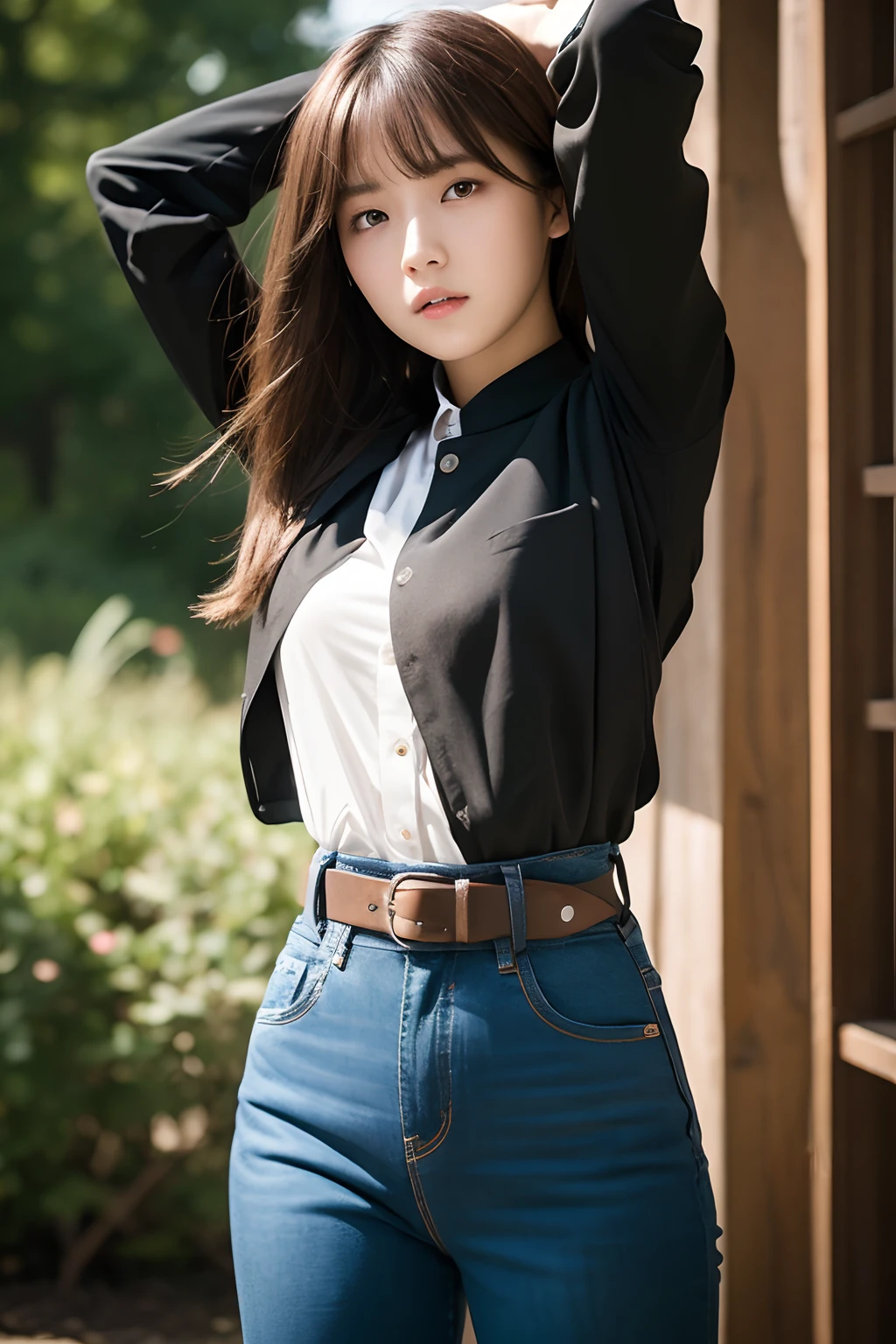 masterpiece、flat-colors、depth of fields、lens flare 1 girl、、Brown hair、watching at viewers a belt black suspenders large full breasts Armpit sweat perspiring Side of both hands walls: Black pants, Black jacket holster arm Leg holster arma Gaze Small face bangss