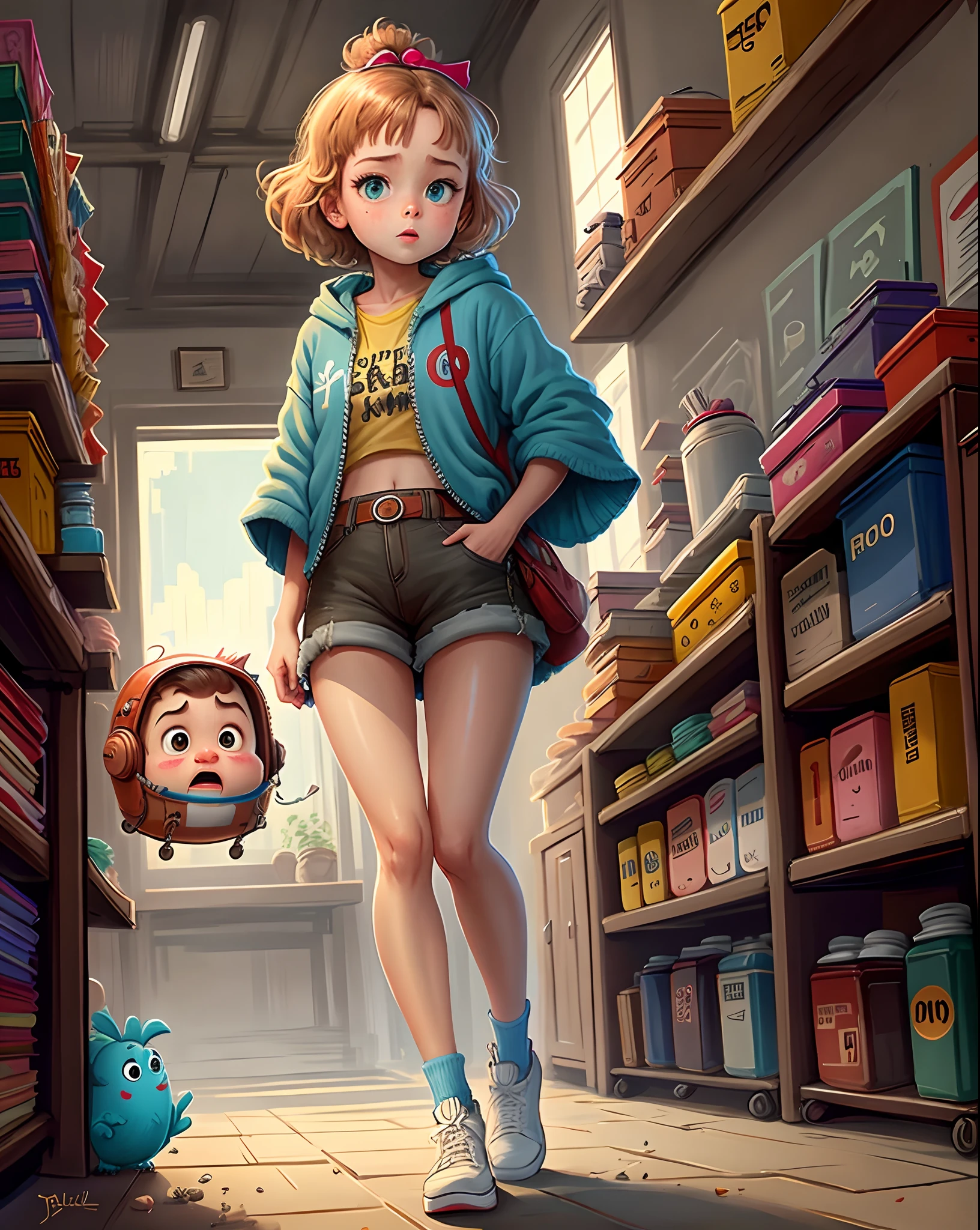 masterpiece, best quality, high detailed, colorful, from above, solo, realistic, girl standing in a store with lots of stuffed animals on the shelves and a bag of stuff, hazel eyes, fisheye lens