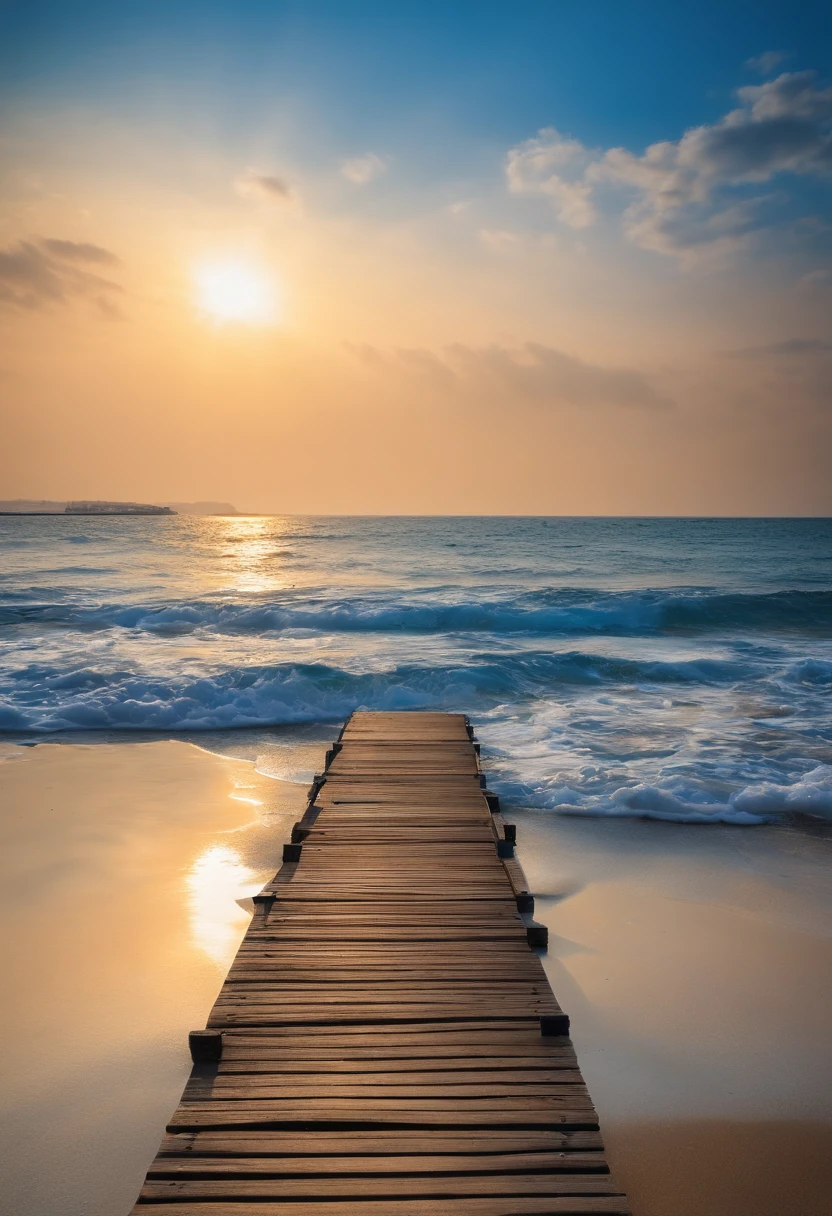 (((HD wallpaper 1.3))),blue-sky,baiyun,the sea,sandbeach,𝓡𝓸𝓶𝓪𝓷𝓽𝓲𝓬,Bright colors,HD graphics,HD picture,1/3. left empty,Nikon SLR lenses,Shoot at medium distance,Soft lighting,tmasterpiece