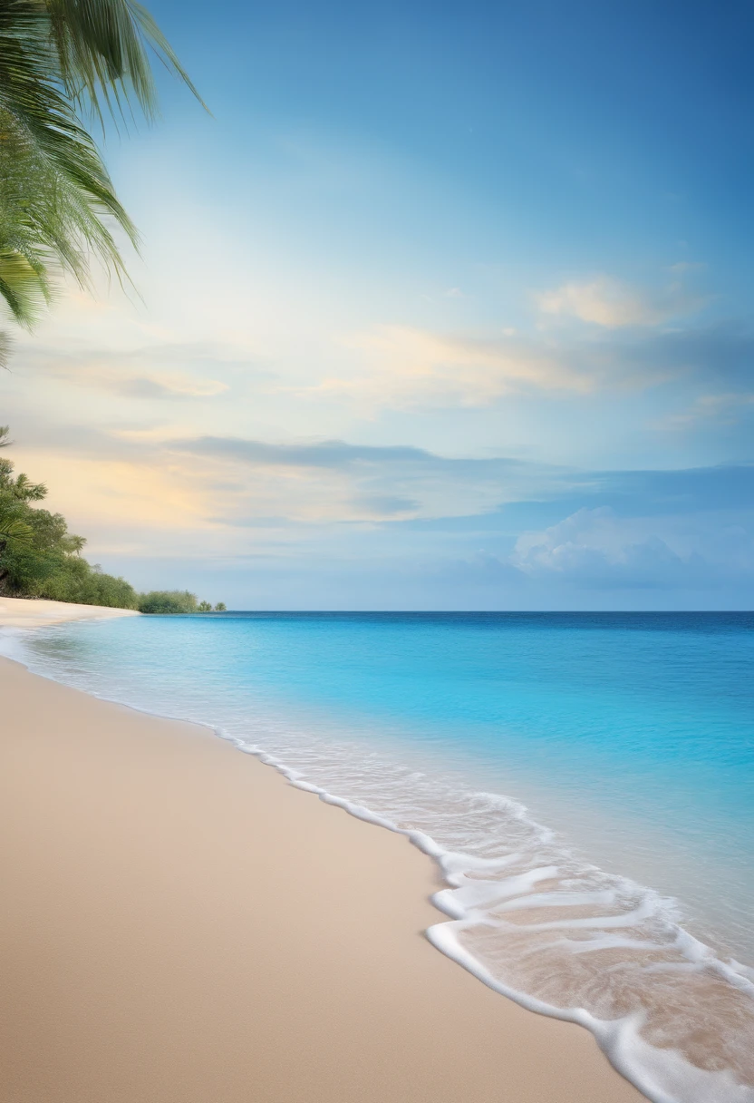 (((HD wallpaper 1.3))),blue-sky,baiyun,the sea,sandbeach,𝓡𝓸𝓶𝓪𝓷𝓽𝓲𝓬,Bright colors,HD graphics,HD picture,1/3. left empty,Nikon SLR lenses,Shoot at medium distance,Soft lighting,tmasterpiece