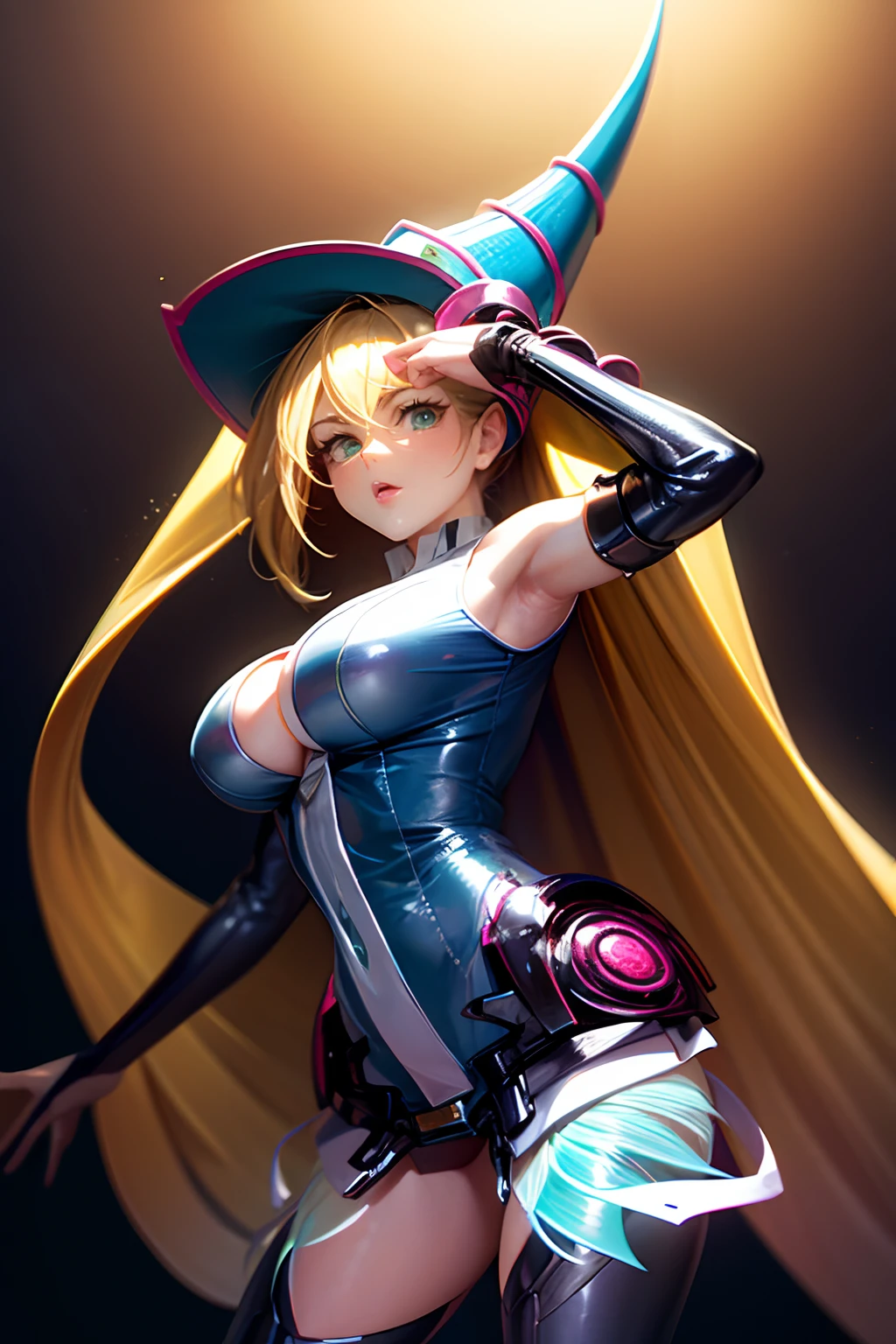 (Obra maestra:1.2), (La mejor calidad:1.2), Perfect lighting, Chica Maga Oscura lanzando un hechizo, flotando en el aire, tetas grandes, escote, fondo de magia. Corazones transparente en el hambiente, blue robe, sombrero grande, desde arriba, Destellos, Yugioh Card en el fondo