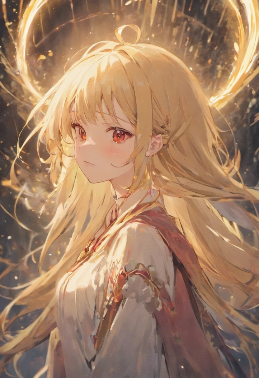 high quality, best quality, official art, 8k wallpaper, masterpiece, beautiful man, detailed portrait, really long blonde hair, red eyes, pale, dainty, delicate, and slender, small smile, fashionable, cute, angelic, feminine