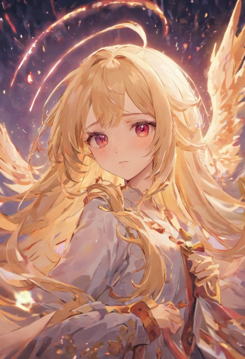 high quality, best quality, official art, 8k wallpaper, masterpiece, beautiful man, detailed portrait, really long blonde hair, red eyes, pale, dainty, delicate, and slender, small smile, fashionable, cute, angelic, feminine